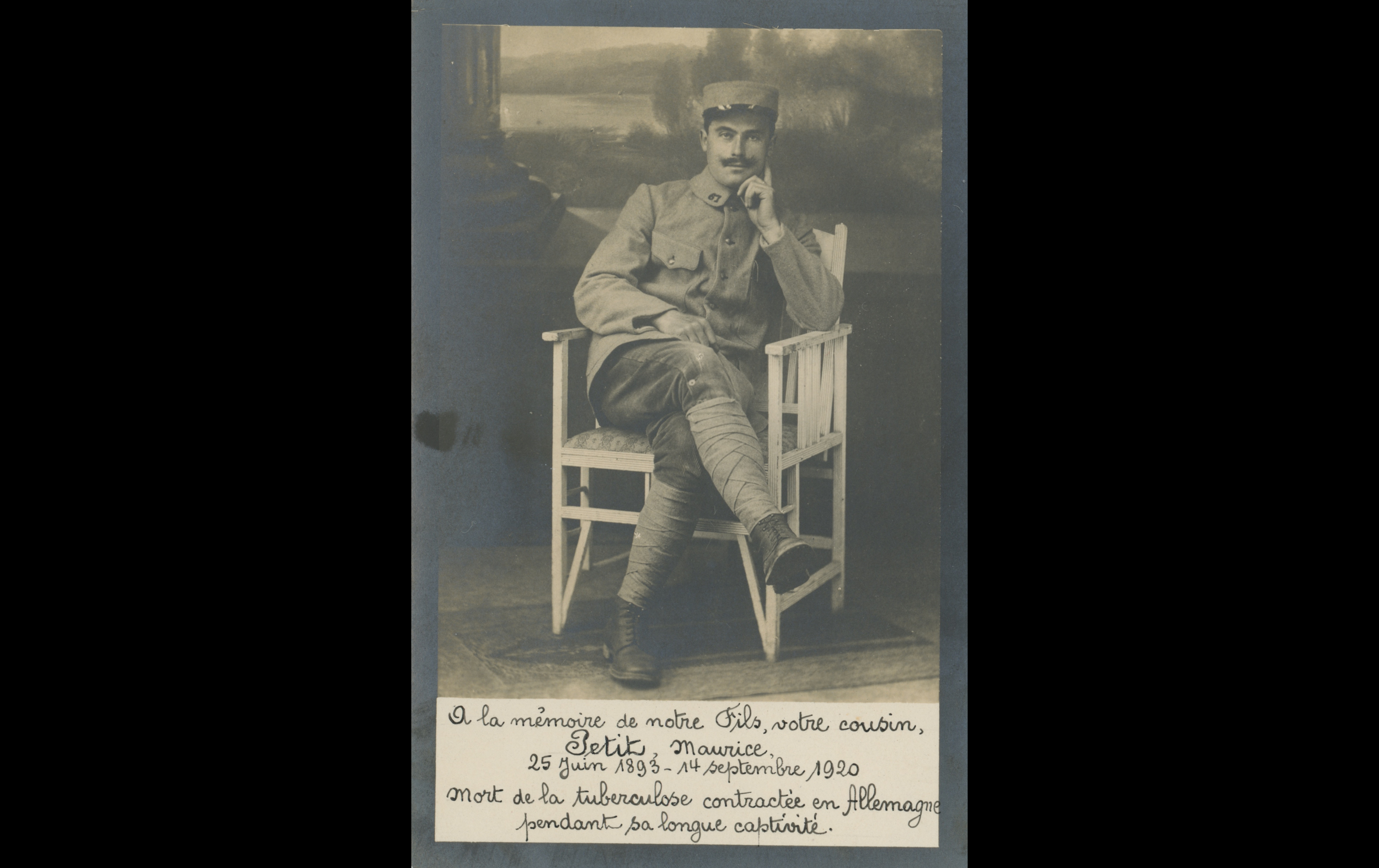 (POW.23.A) Portrait of prisoner Maurice PETIT
Interned: (FR)
Date: c.1915 - 1918
Location: Würzburg, Germany
Unit: 67th Infantry Regiment
Author: Maurice PETIT
Present in the photo: 
1. Maurice PETIT (Mle 278) MPLF 14.9.1920 ✝
FM:  tinyurl.com/2czps7