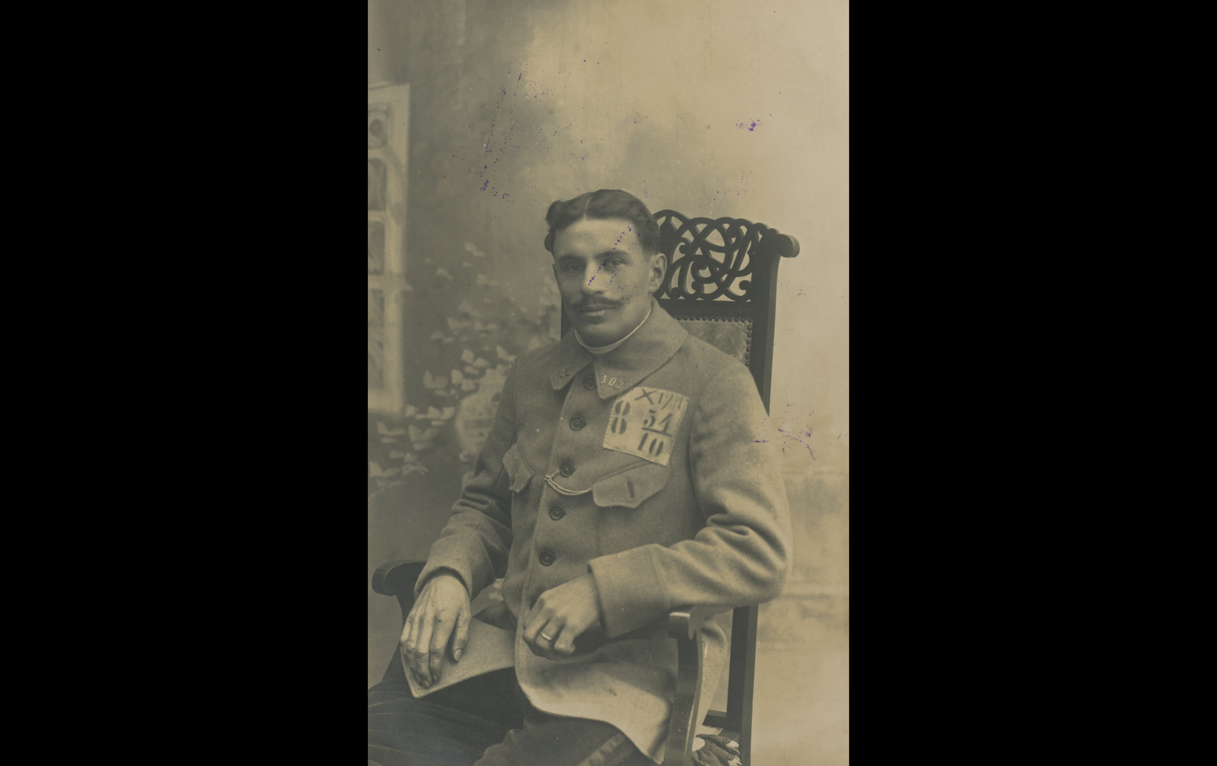 (POW.3.A) Portrait of prisoner Henri Joseph Auguste PROVOST
Interned: (FR)
Date: November - December 1917
Location: Kassel, Germany
Unit: 103rd Infantry Regiment
Author: Henri Joseph Auguste PROVOST
Present in the photo: 
1. Henri Joseph Auguste PROV