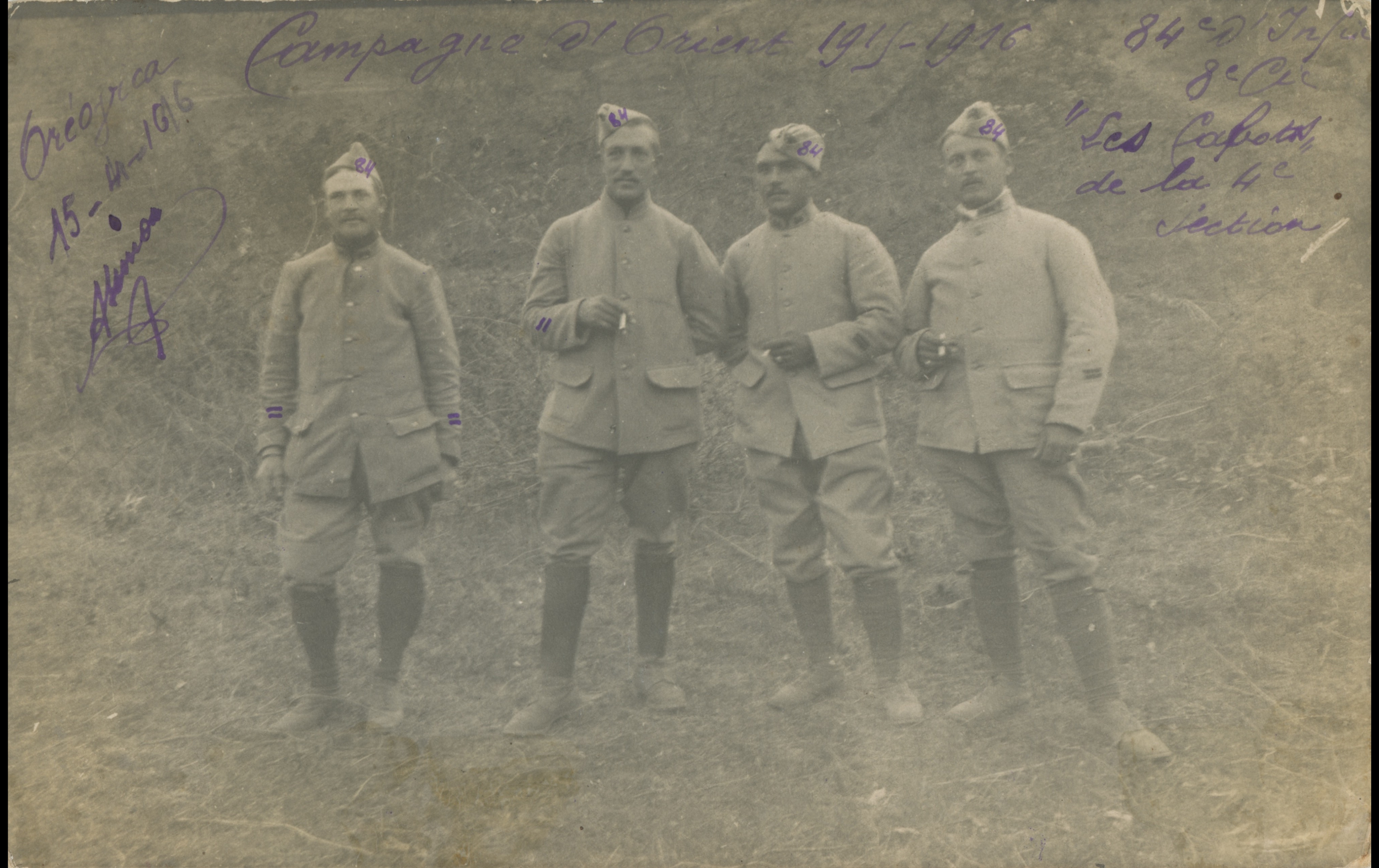 (16.44.A) Group photo of infantrymen of the 84th Infantry Regiment
Date: April 15th 1916
Location: Oreovica, Serbia
Unit: 84th Infantry Regiment, 8th Company, 4th Section
Author: ?
Present in the photo:
1. Auguste Henri Alphonse SIMON (Mle 1717)
FM: 