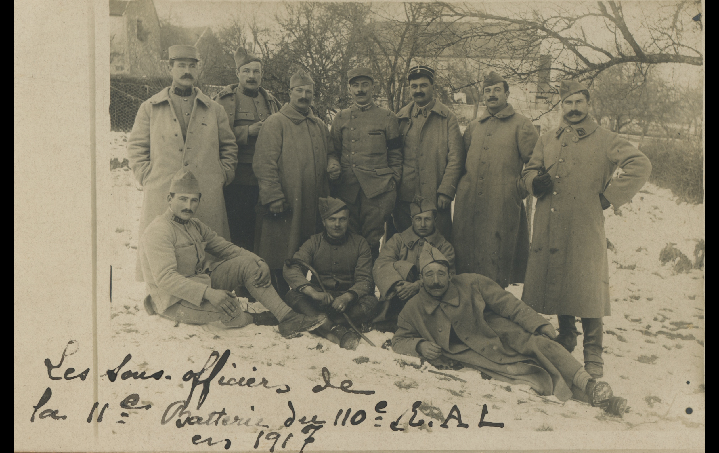 (17.3.A) Group photo of NCOs of the 110th Heavy Artillery Regiment
Date: 1917
Location: ?
Unit: 110th Heavy Artillery Regiment, 11th Battery
Author: ?
Present in the photo: 
1. Fernand Charles DENEUFPLANCHE (Mle 1125)
FM:  tinyurl.com/mupx2n4j 
2. An