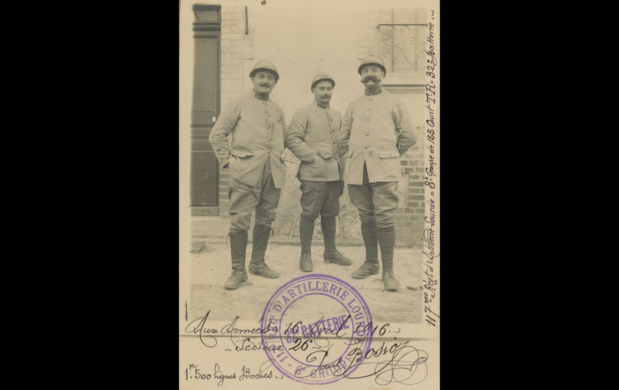 (16.75.1.A) Group photo of three artillerymen of the 117th Heavy Artillery Regiment
Date: April 16th 1916
Location: ?
Unit: 117th Heavy Artillery Regiment
Author: Antoine Paul Honoré Vincent BOSIO
Present in the photo: 
1. Antoine Paul Honoré Vincent