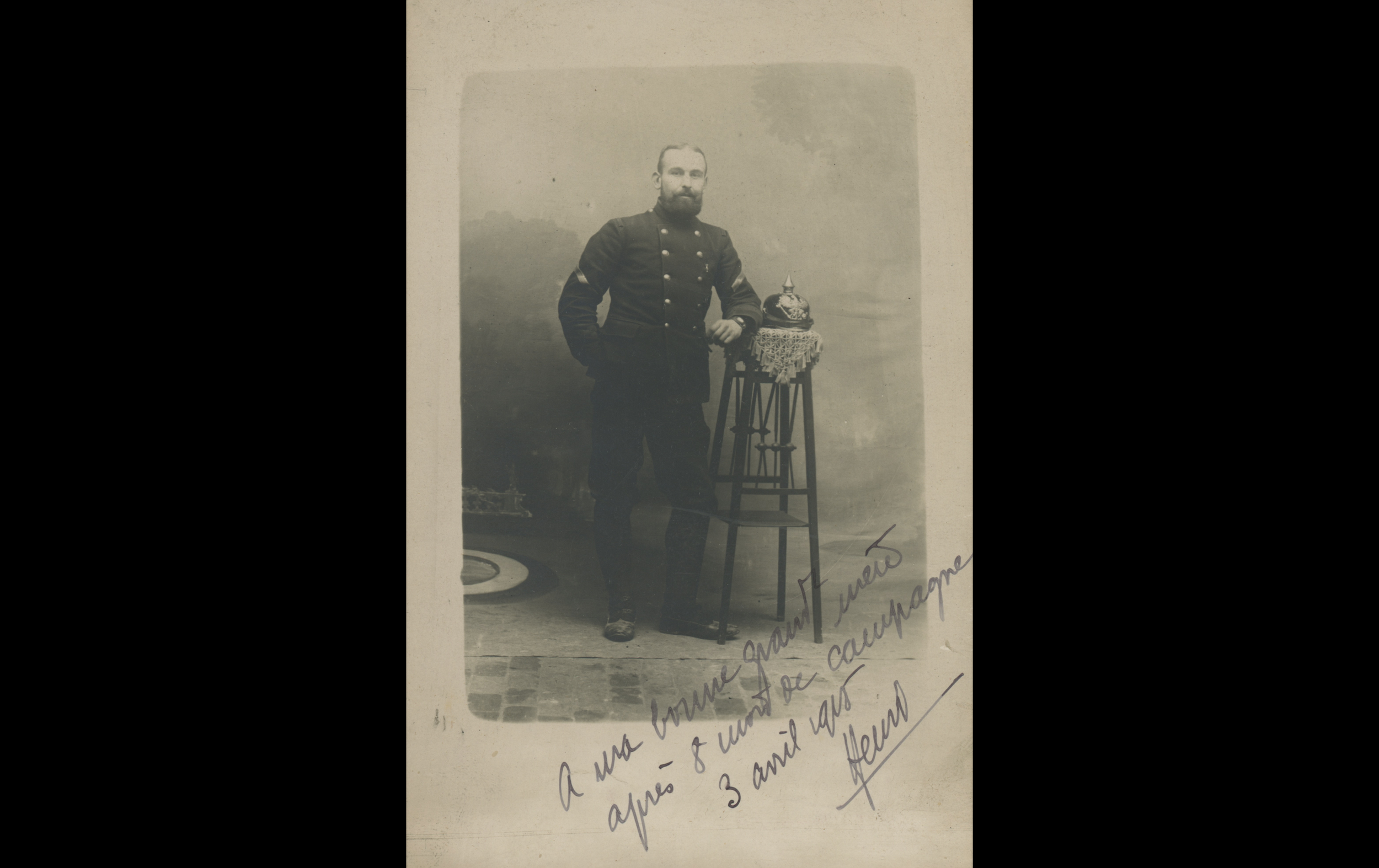 (15.2.1.A) Portrait of infantryman Henri Pierre BERNARD with a Pickelhaube helmet
Date: April 3rd 1915
Location: Studio
Unit: 7th Colonial Infantry Regiment
Author: Henri Pierre BERNARD
Present in the photo: 
1. Henri Pierre BERNARD (Mle 1210)
FM:  t
