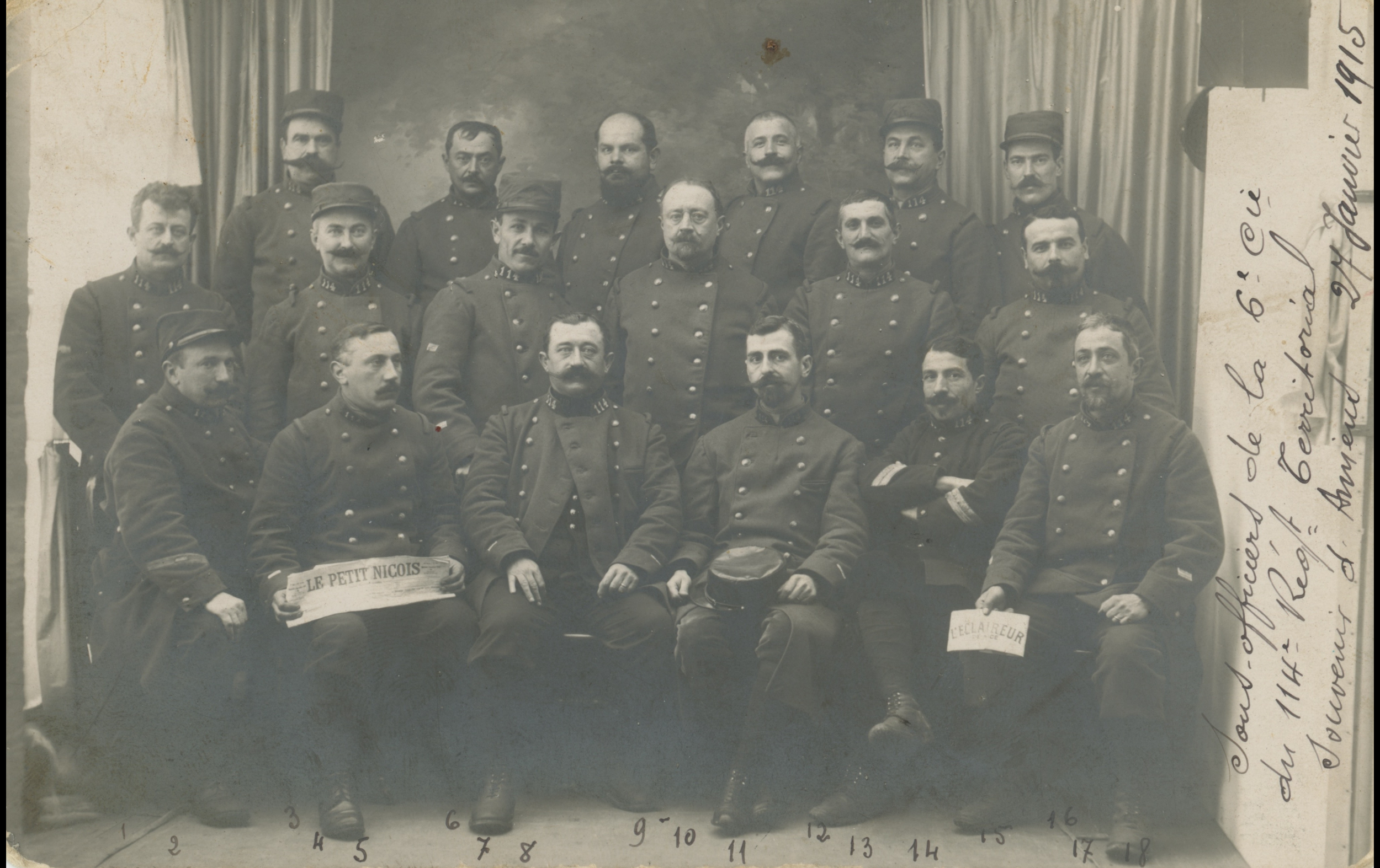 (15.34.A) Group photo of NCOs of the 114th Territorial Infantry Regiment
Date: January 27th 1915
Location: Studio
Unit: 114th Territorial Infantry Regiment
Author: ?
Present in the photo:
1.
2.
3.
4.
5.
6.
7.
8.
9.
10.
11.
12.
13.
14.
15.
16.
17.
18.