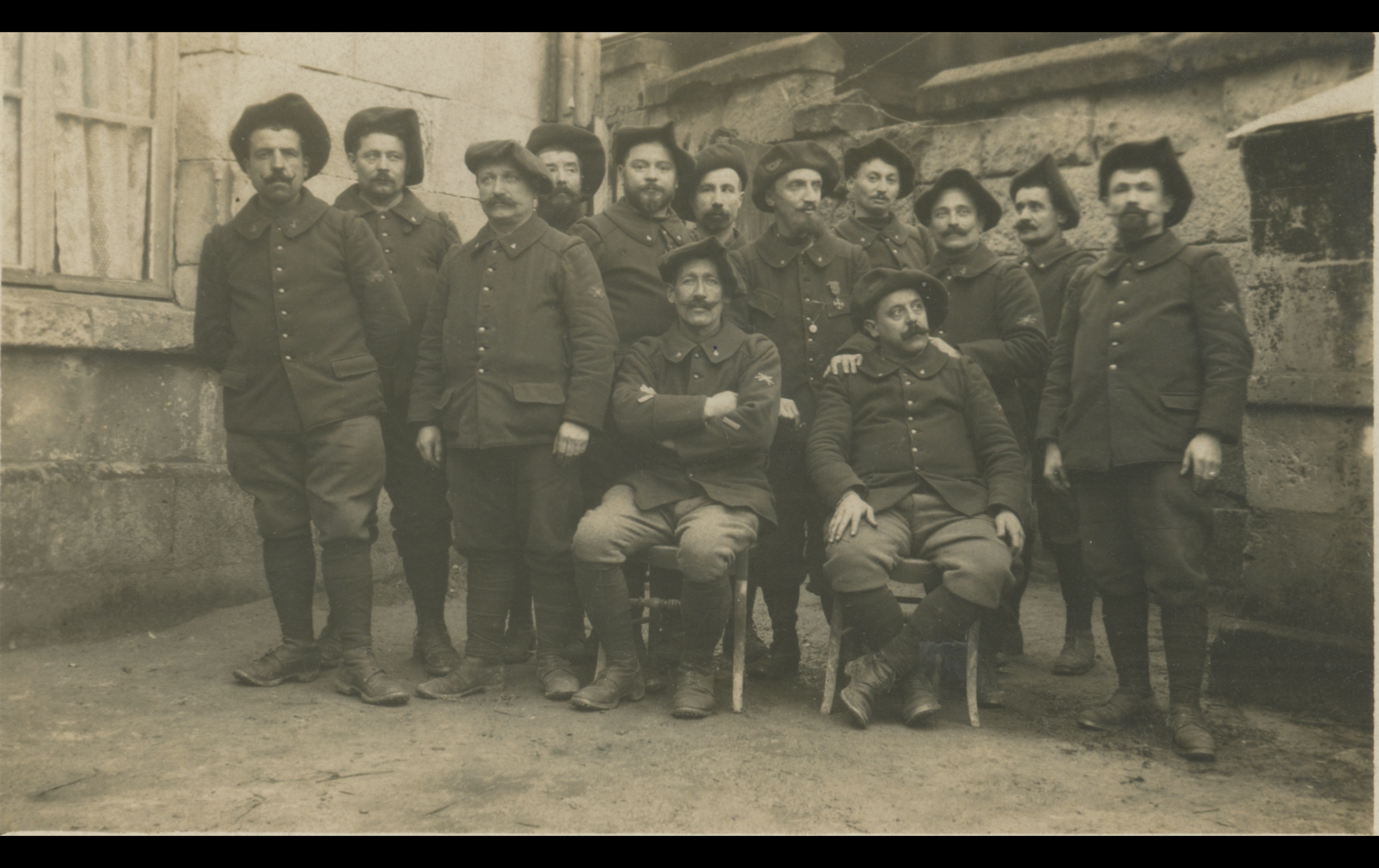 (14.20.4.A) Group photo of chasseurs of the 4th Battalion of Territorial Alpine Chasseurs
Date: February 3rd 1916
Location: ?
Unit: 4th Battalion of Territorial Alpine Chasseurs
Author: Jean Joseph GLOPPE
Present in the photo: 
1. Jean Joseph GLOPPE 