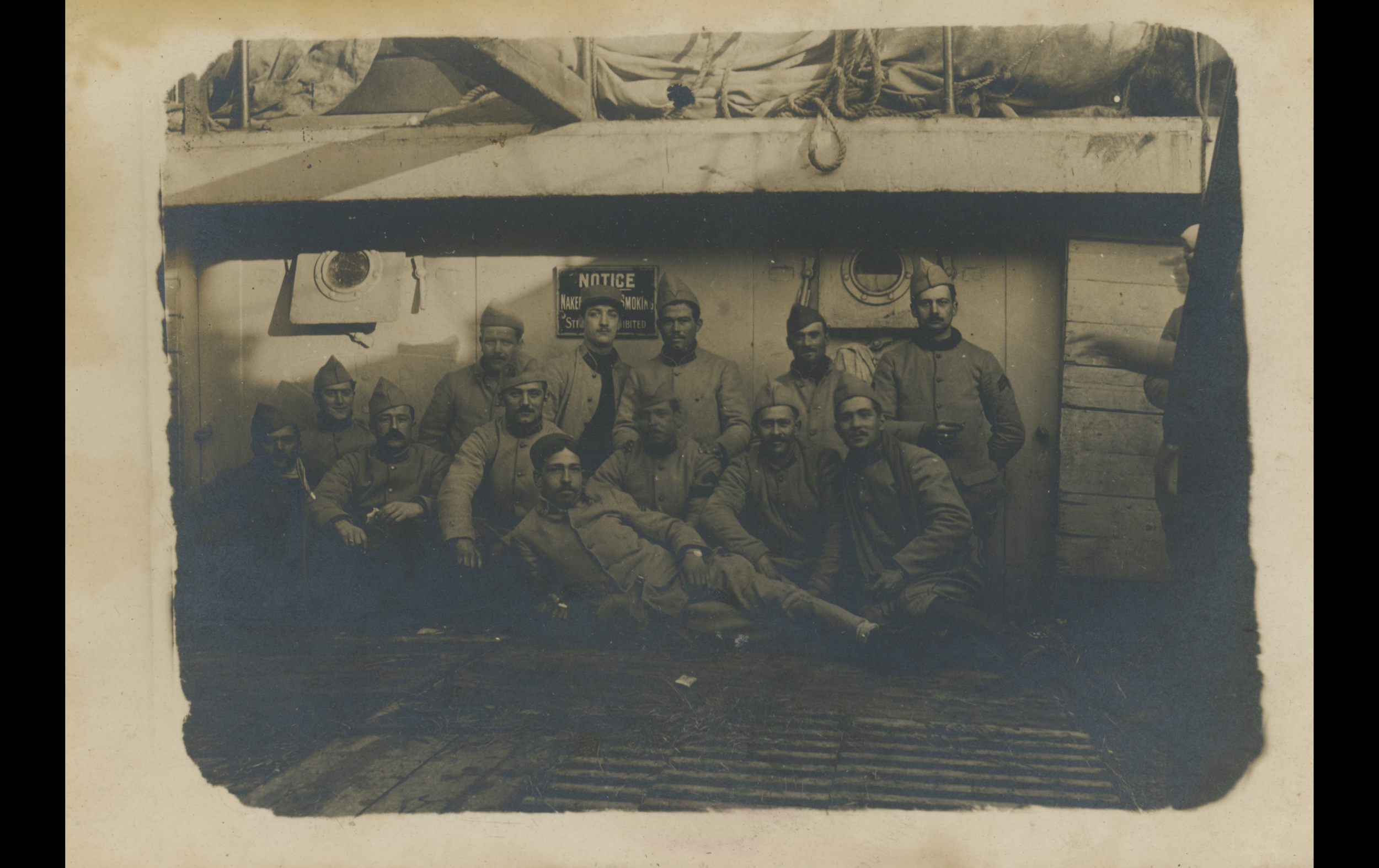 (17.22.A) Group photo of artillerymen being transported aboard a British ship to the Orient Front
Date: January 28th 1917
Location: English Transport Ship
Unit: 19th Field Artillery Regiment
Author: ?
Present in the photo: ?