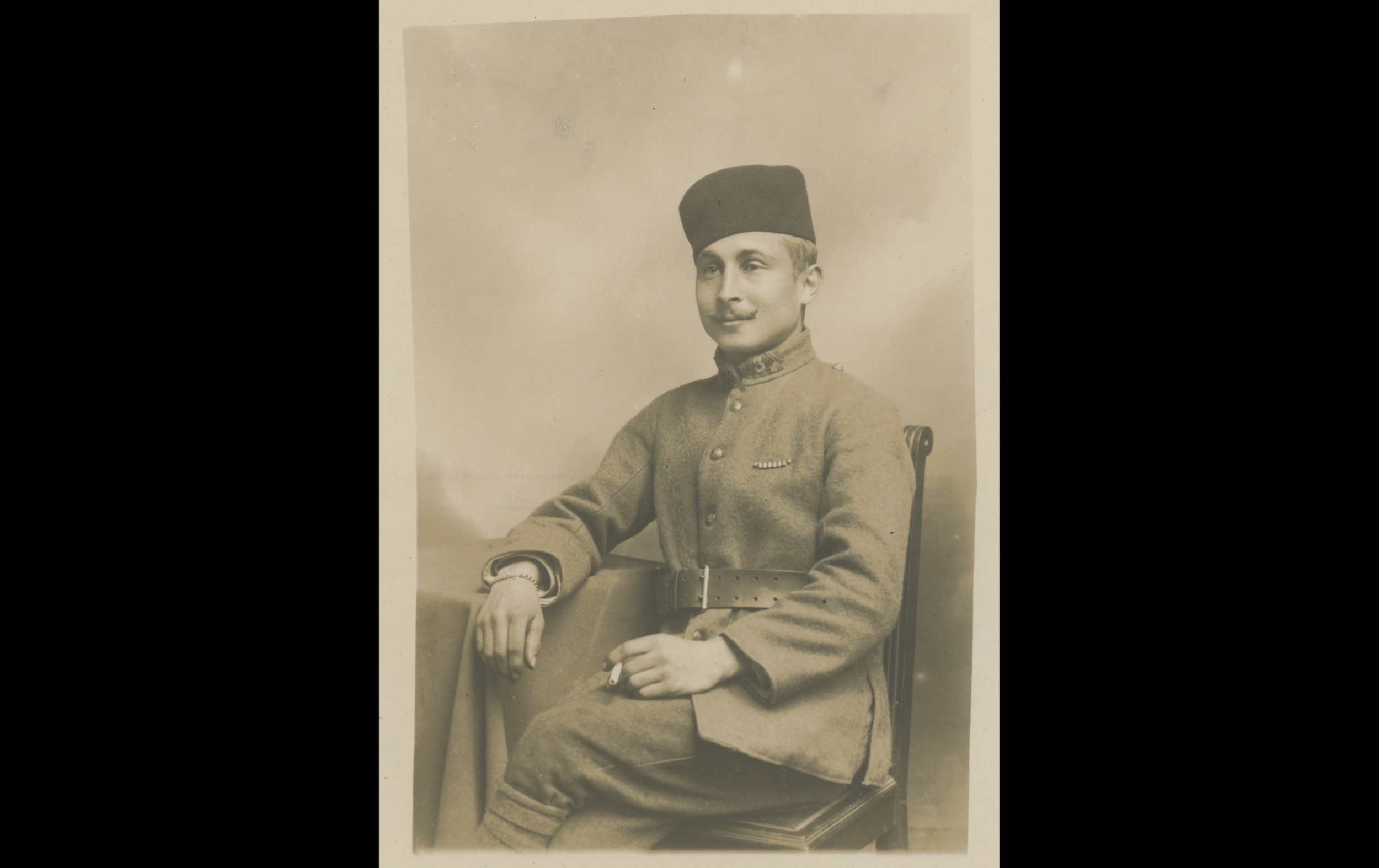 (18.1.1.A) Portrait of tirailleur Charles Anatole BARBIER
Date: c.1918 - 1920
Location: Studio
Unit: 3rd Algerian Tirailleur Regiment
Author: ?
Present in the photo: 
1. Charles Anatole BARBIER (Mle 3)
FM:  tinyurl.com/5c6esysr 