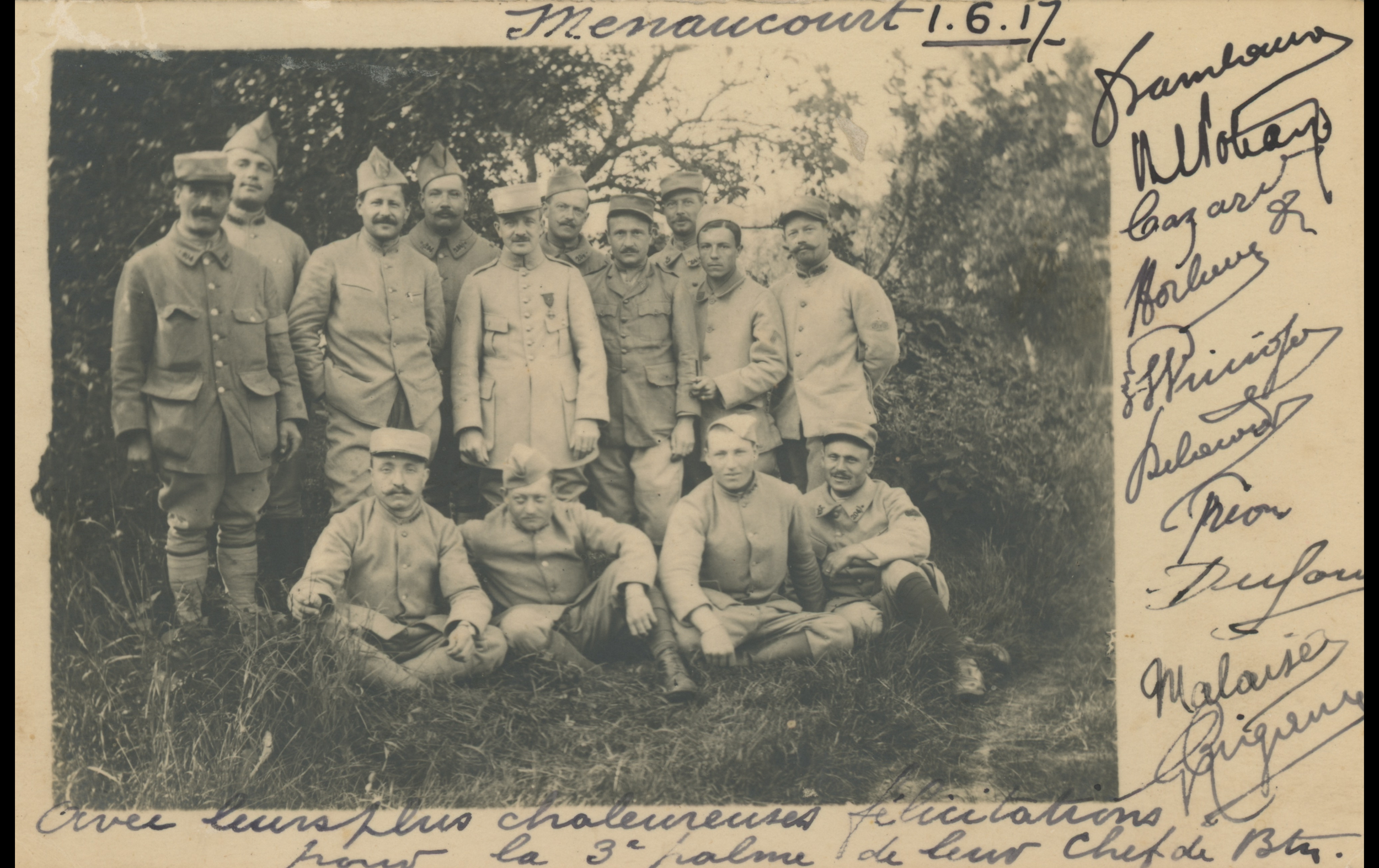 (17.6.A) Group photo of officers of the 204th Infantry Regiment celebrating their Chief of Battalion
Date: June 1st 1917
Location: Menaucourt, France (55)
Unit: 204th Infantry Regiment
Author: ?
Present in the photo: 
1. Louis Jean François Michel FA