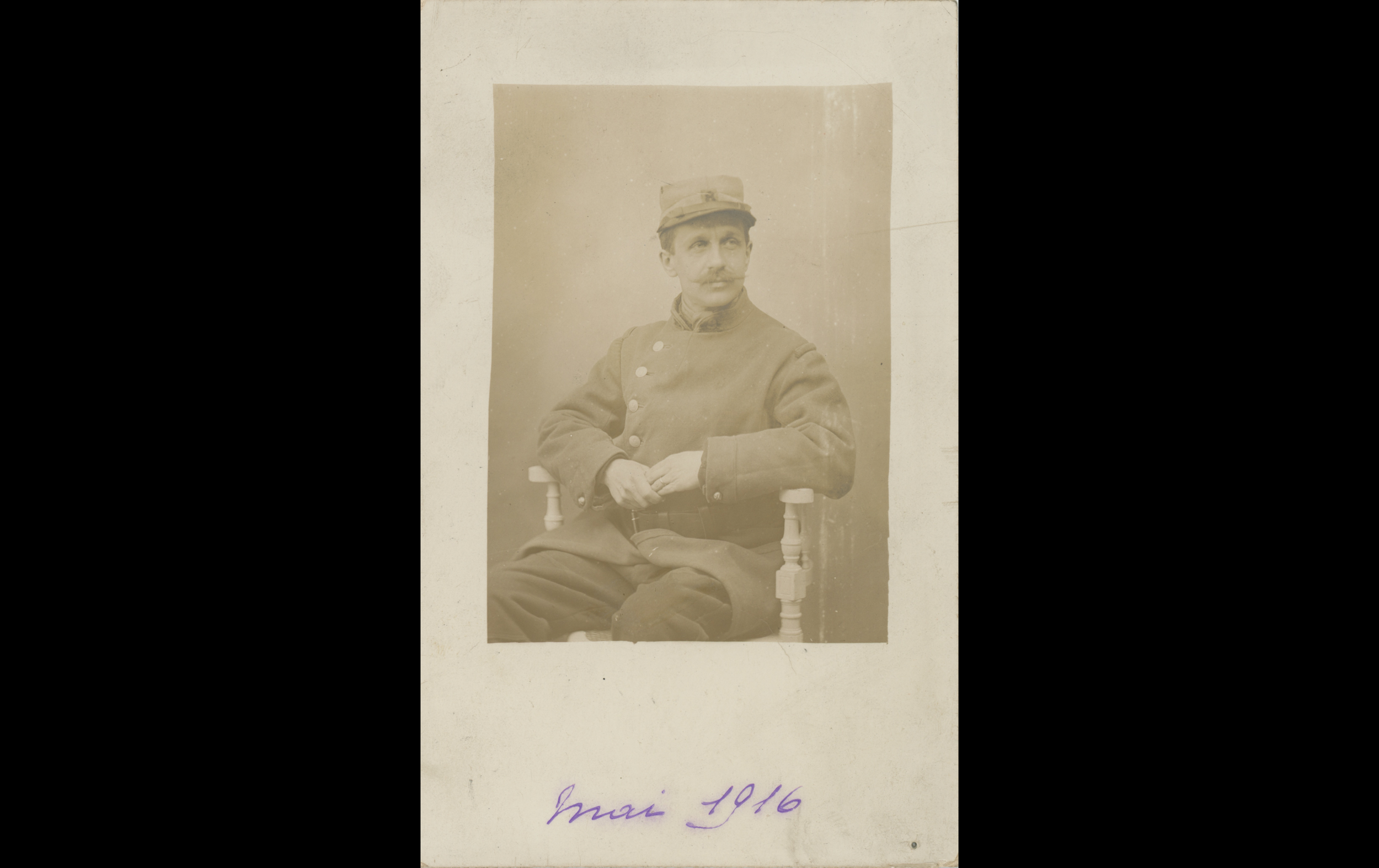(16.57.A) Portrait of reservist Jean François STRETTI
Date: May 1916
Location: Studio
Unit: ?
Author: Berthe SAUVION (wife) 
Present in the photo:
1. Jean François STRETTI (Mle 1579)
FM:  tinyurl.com/xmzw2bjh 