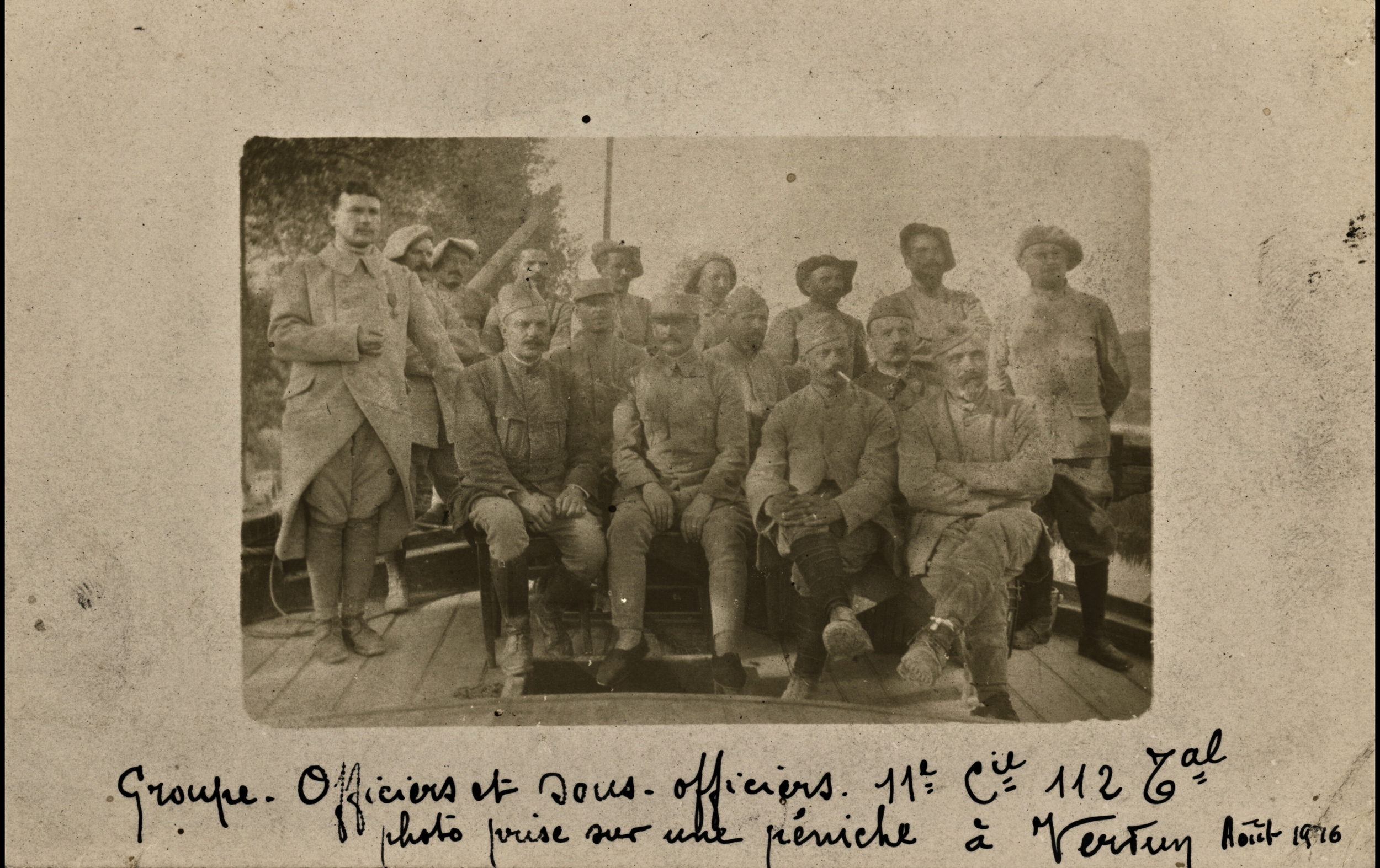 (16.21.A) Group photo of officers and NCO's of the 112th Territorial Infantry Regiment
Date: August - September 1916
Location: Verdun, France (55)
Unit: 112 Territorial Infantry Regiment
Author: Victor Marcelin COUDRAY
Present in the photo: 
1. Victo