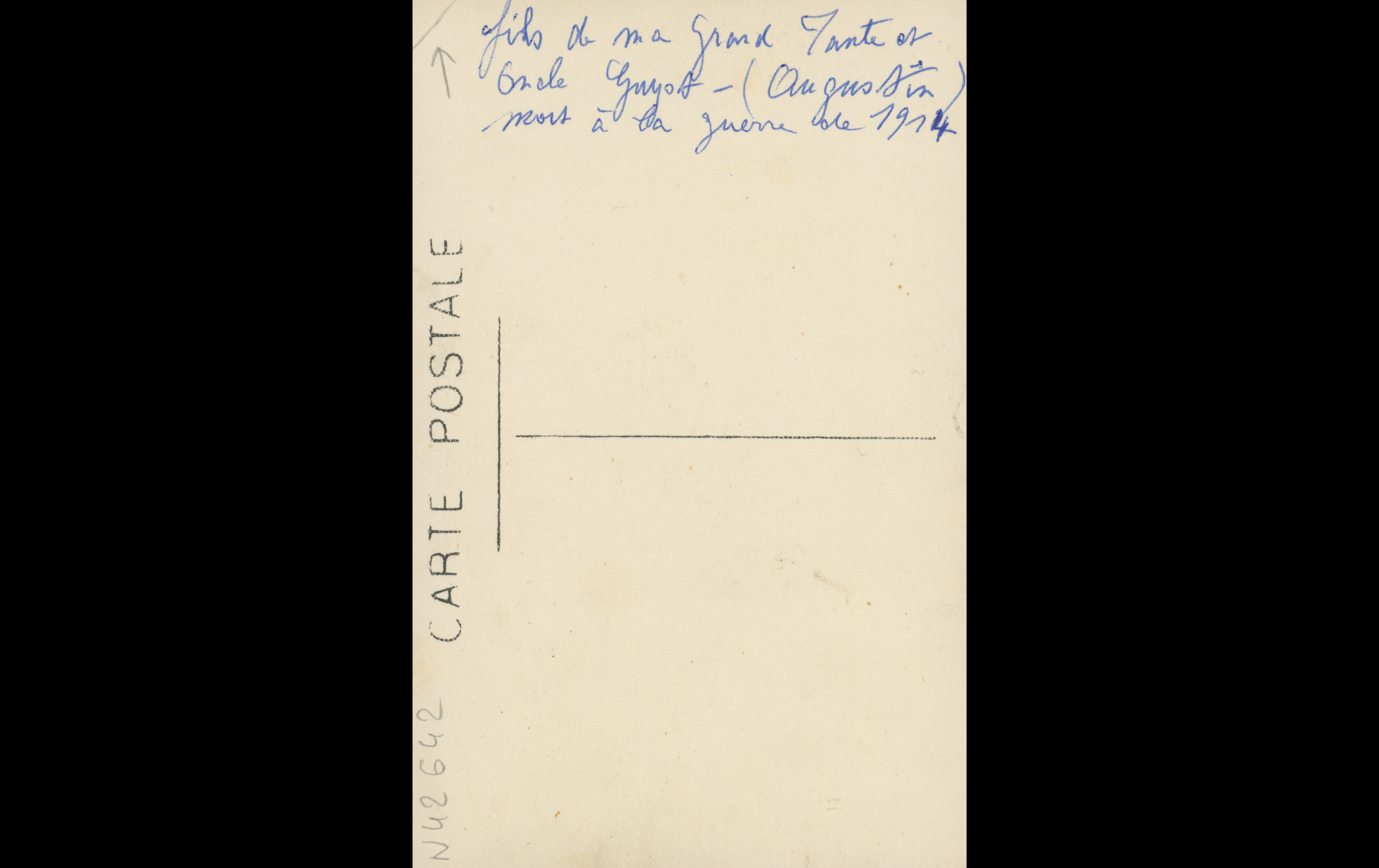 (14.3.B)
Description:

Translation:
" Son of my great aunt and uncle Guyot (Augustin) died in the war of 1914 "