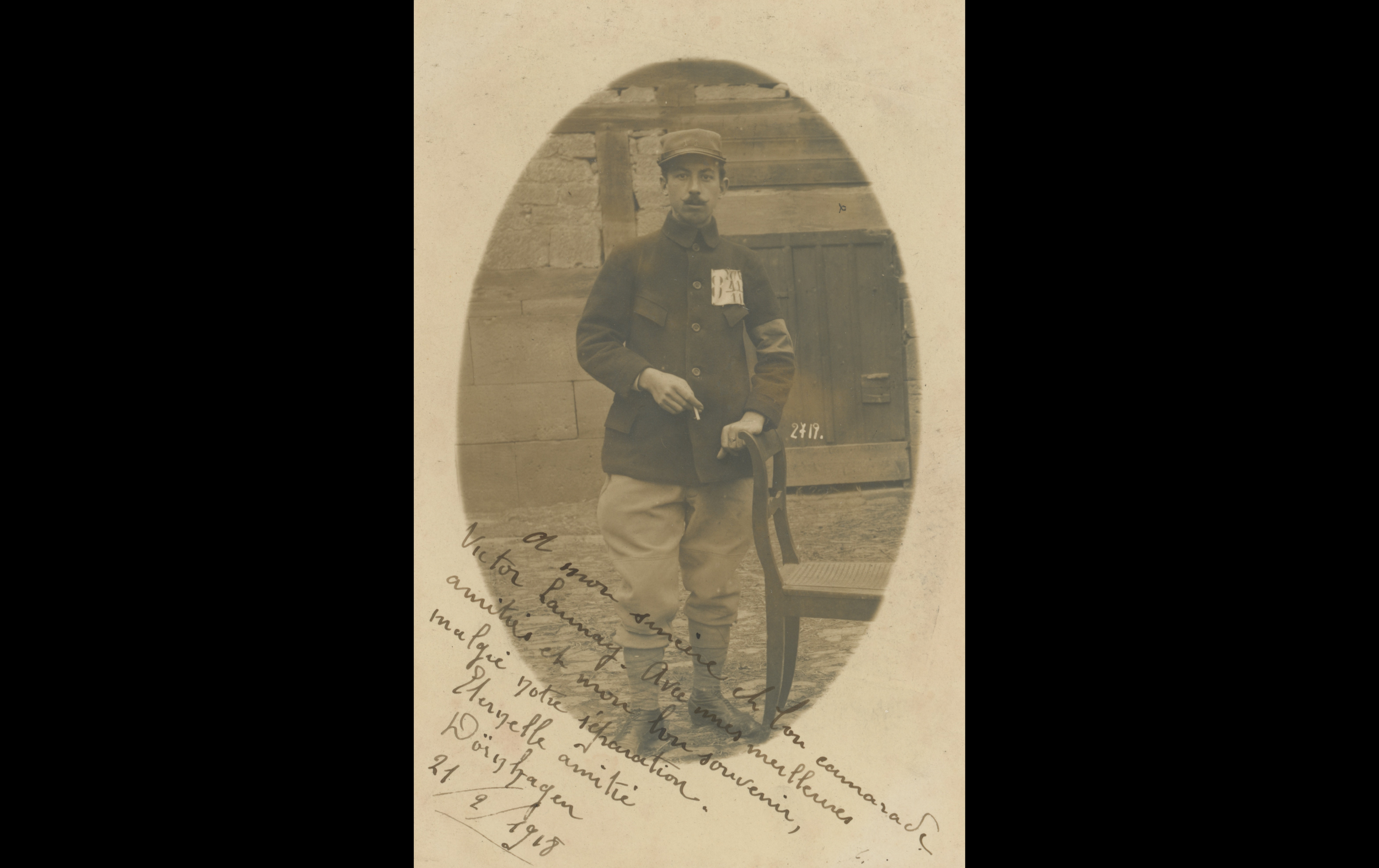 (POW.4.A) Portrait of prisoner Emile Charles Paul PASQUIET
Interned: (FR)
Date: February 21st 1918
Location: Göttingen, Germany
Unit: 151st Infantry Regiment
Author: Emile Charles Paul PASQUIET
Present in the photo: 
1. Emile Charles Paul PASQUIET (M