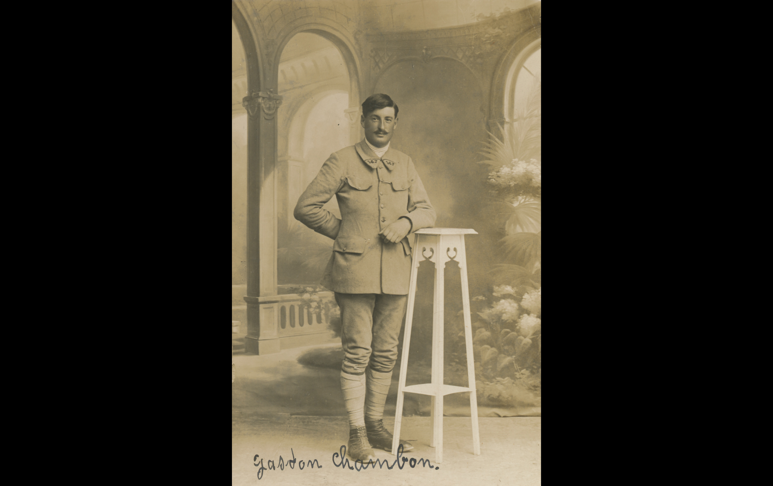 (16.35.A) Portrait of infantryman Gaston Théophile CHAMBON
Date: c.1916 - 1918
Location: Studio
Unit: 367th Infantry Regiment
Author: Gaston Théophile CHAMBON
Present in the photo: 
1. Gaston Théophile CHAMBON (Mle 1628)
FM:  tinyurl.com/bdeujzbd 