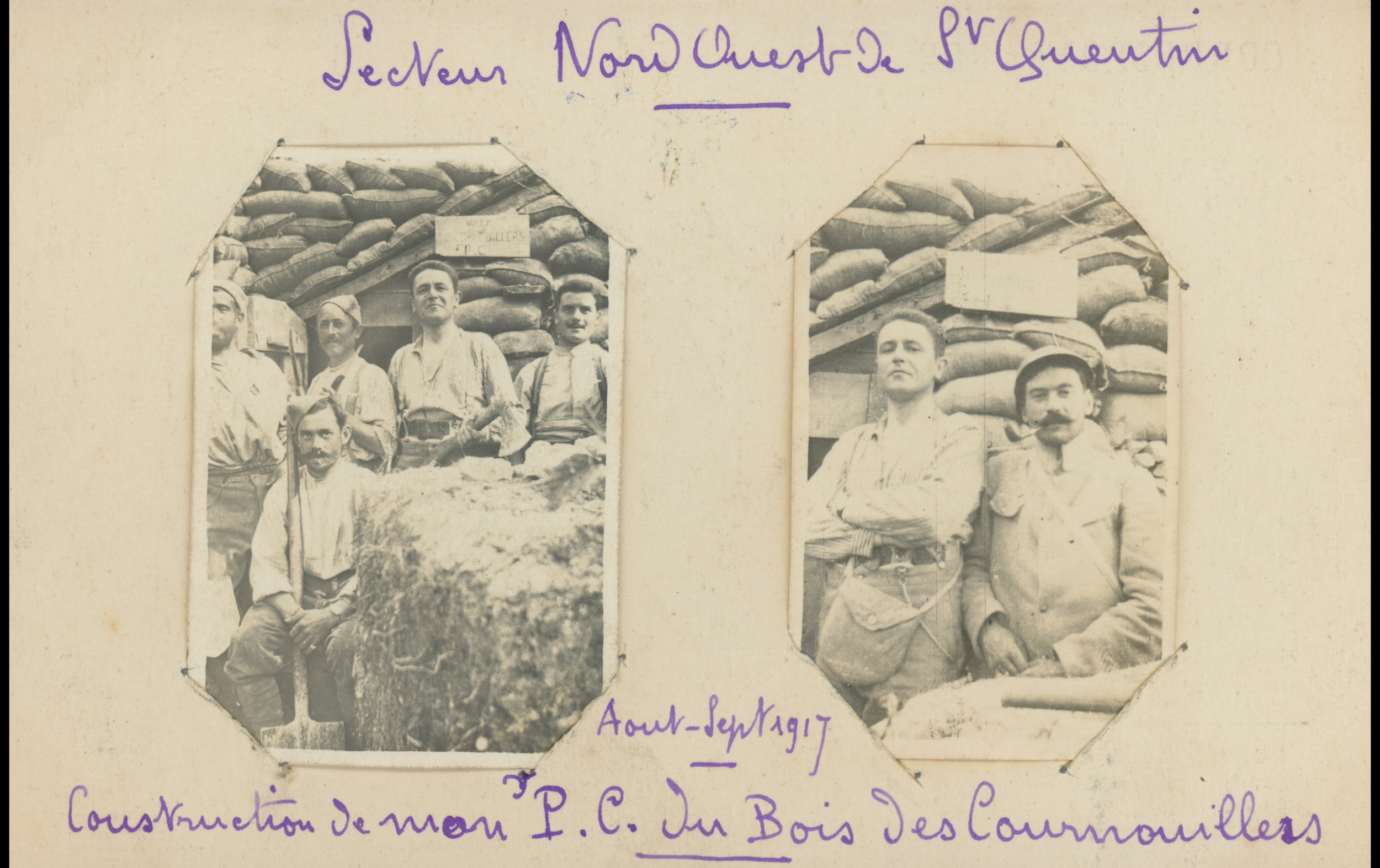 (17.7.A) Two photos of soldiers constructing a dugout
Date: August - September 1917
Location: Saint-Quentin, France (02)
Unit: 224th Infantry Regiment
Author: ?
Present in the photo: 
1.
2. Alexandre BAUDIFFIER (Mle 186)
FM:  tinyurl.com/2k56y6ne 
3.