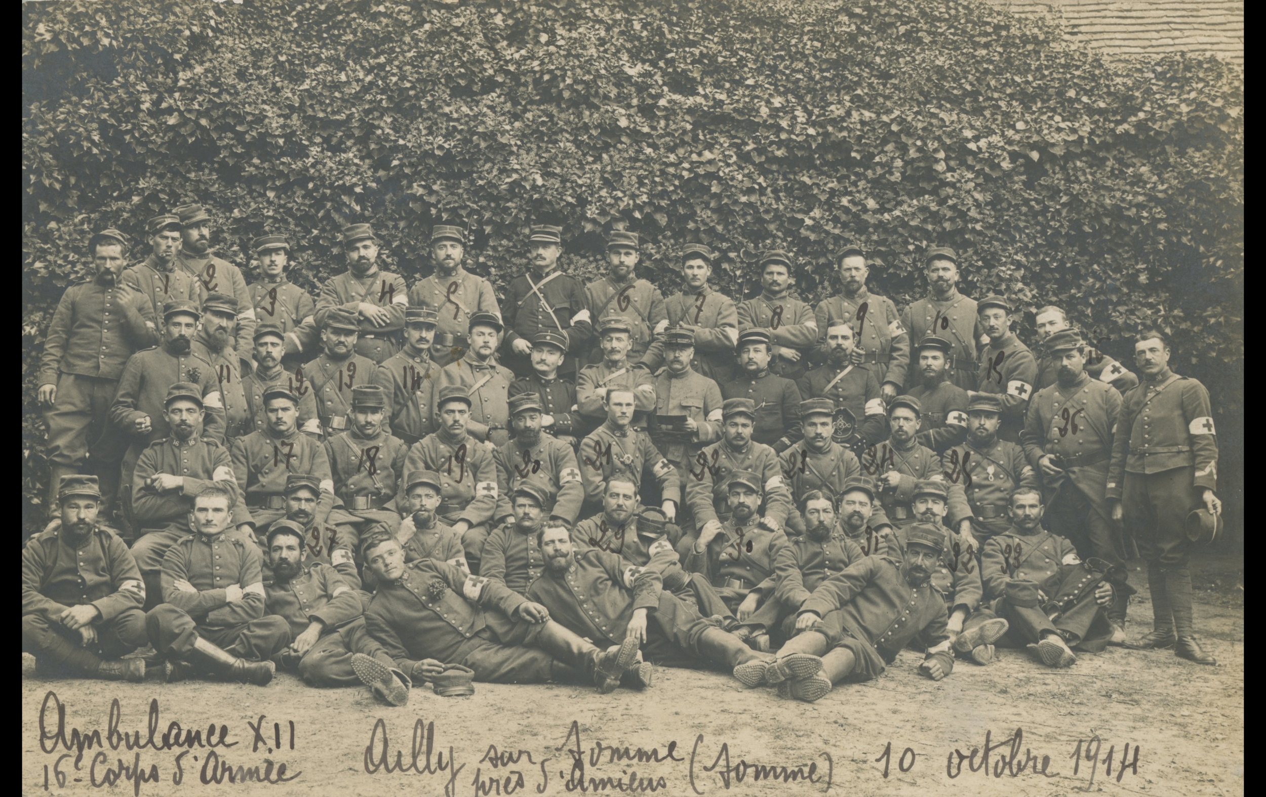 (14.21.A) Group photo of medics of the 12th Ambulance of the 16th Army Corps
Date: October 10th 1914
Location: Ailly-sur-Somme, France (80)
Unit: 12th Ambulance, 16th Army Corps
Author: ?
Present in the photo: 
1. Alphonse Franklin Léon RONZIER-JOLY 