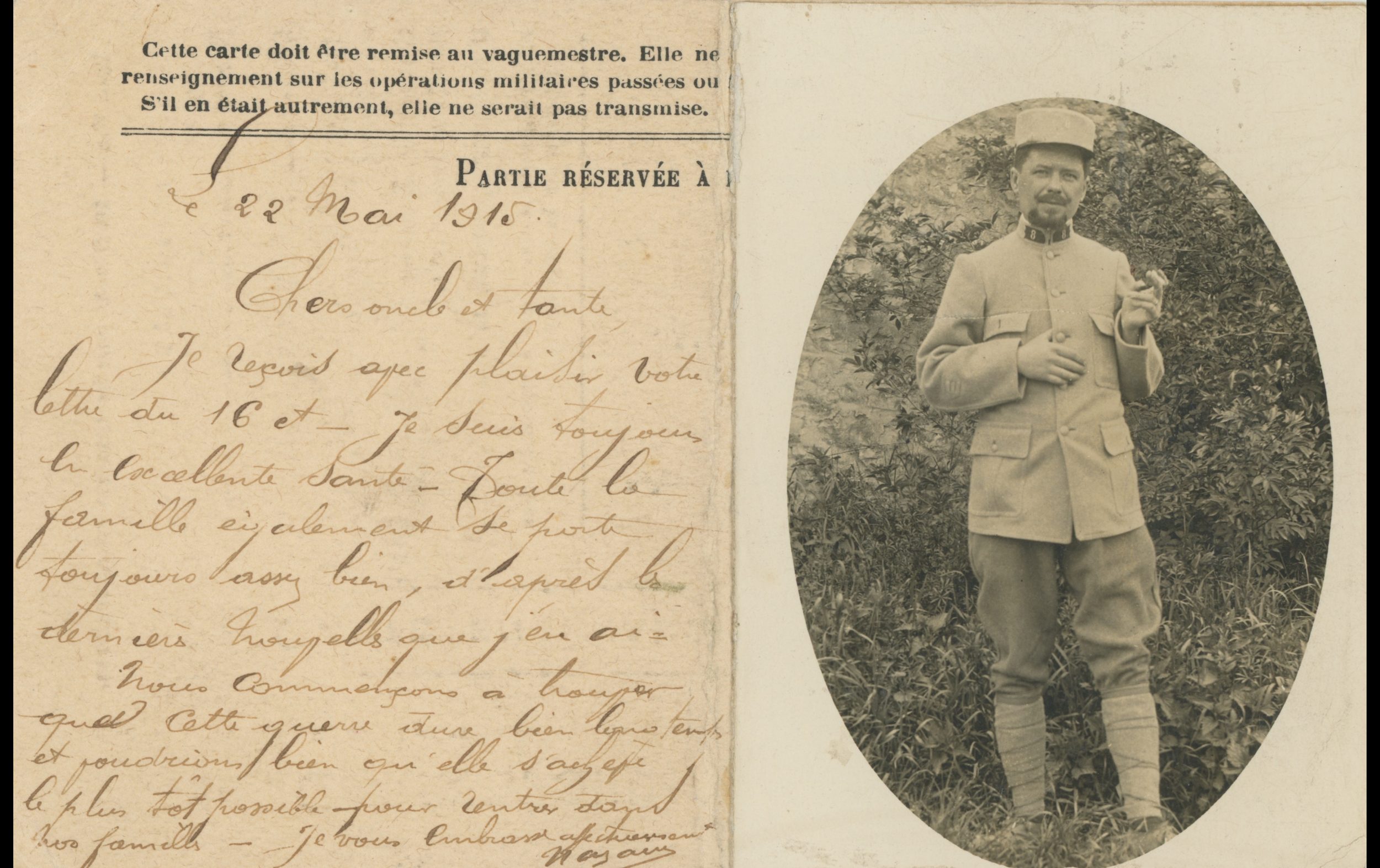(15.42.A) Portrait of soldier Nazaire Claude COUTURIER
Date: May 22nd 1915
Location: ?
Unit: 8th Squadron of Trains
Author: Nazaire Claude COUTURIER
Present in the photo:
1. Nazaire Claude COUTURIER (Mle 1756) MPLF 29.5.1917 ✝
FM:  tinyurl.com/bdeuxj