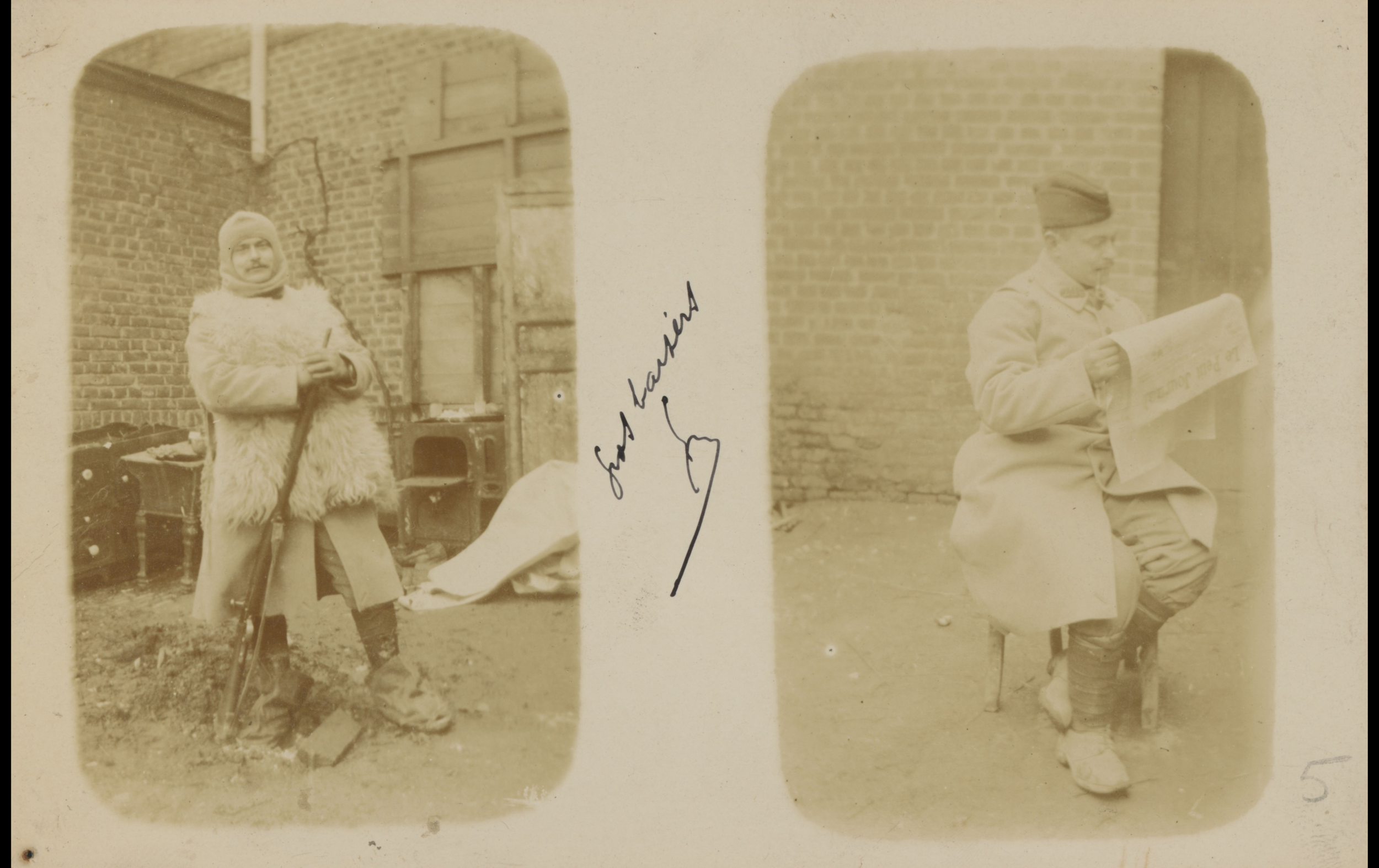 (15.14.A) Two photos of infantryman Emile Augustin Hector CULLIERE
Date: March 20th 1915
Location: ?
Unit: 296th Infantry Regiment
Author: Emile Augustin Hector CULLIERE
Present in the photo: 
1. Emile Augustin Hector CULLIERE (Mle 1113)
FM:  tinyurl