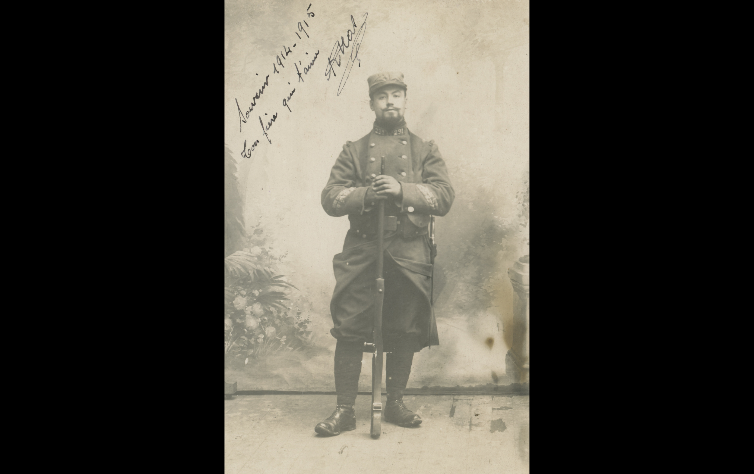 (15.6.A) Portrait of infantryman René Julien MAS
Date: January 29th 1915
Location: Studio
Unit: 291st Infantry Regiment
Author: René Julien MAS
Present in the photo: 
1. René Julien MAS (Mle 2925)
FM:  tinyurl.com/4us3srw4 