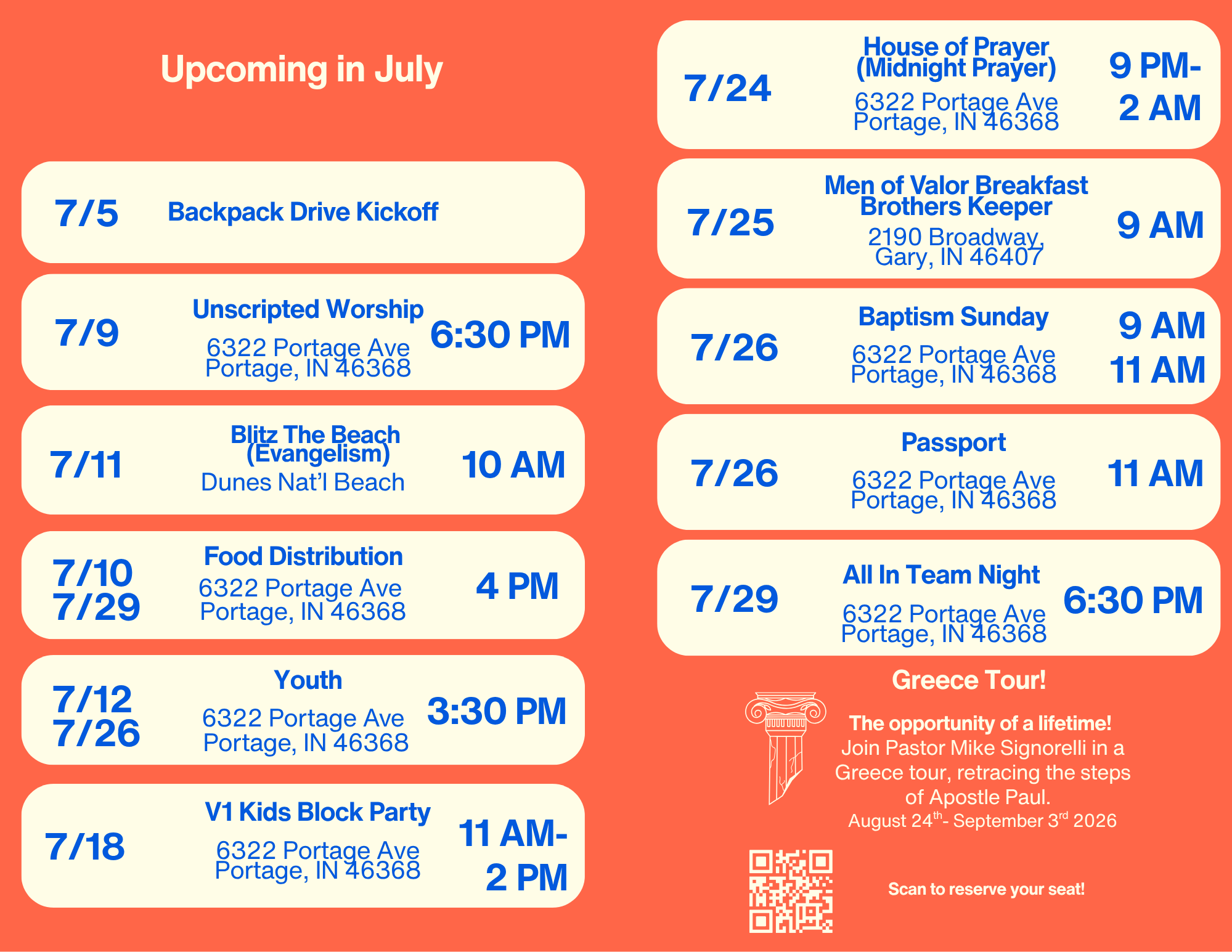 A detailed church event calendar for July, with dates and times for various religious activities and events including prayer meetings, worship sessions, youth activities, and a Greece tour. The calendar features dates, locations, and times, with a promotional section at the bottom about a Greece tour and a QR code for reservations.