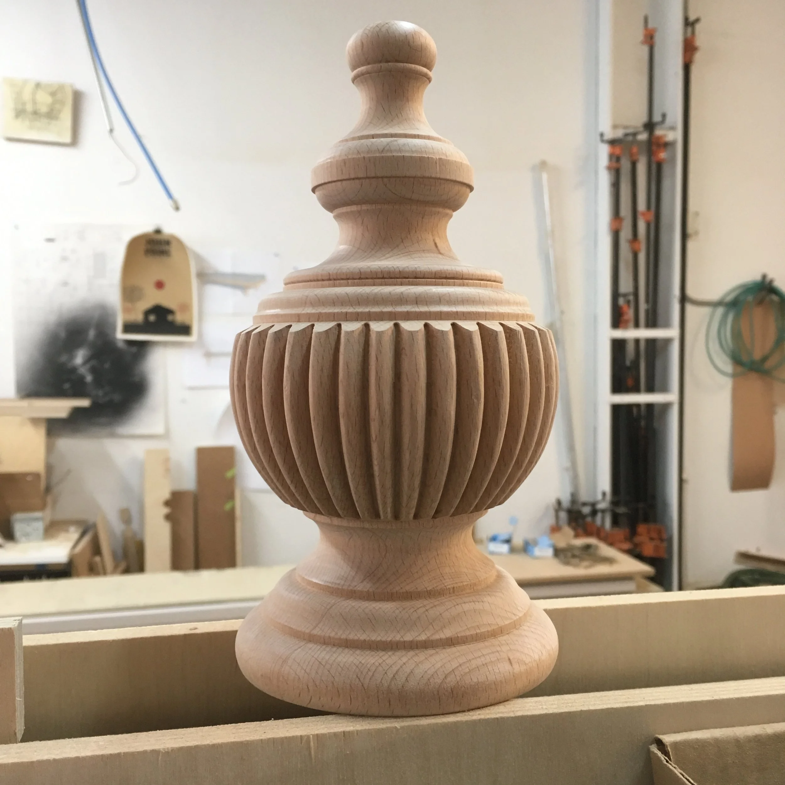 Turned and carved newel post finial 