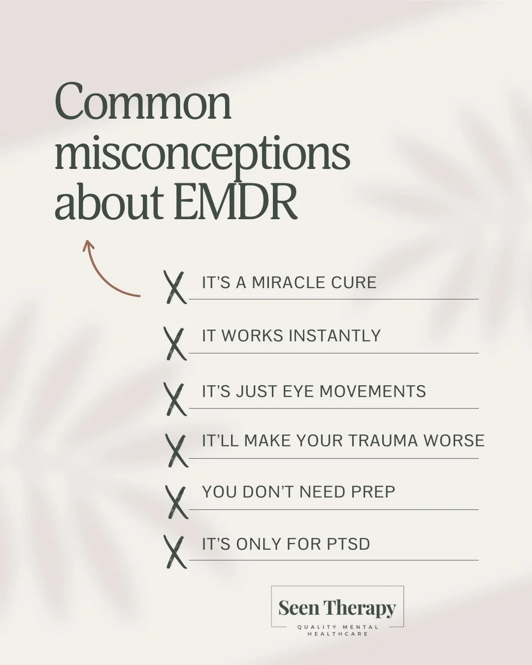 Not magic. Not a quick fix. Not just eye movements.

EMDR is one of the most effective trauma therapies out there, but it&rsquo;s often misunderstood.

Let&rsquo;s clear a few things up. 👇

Which of these surprised you most? Or which did you used to