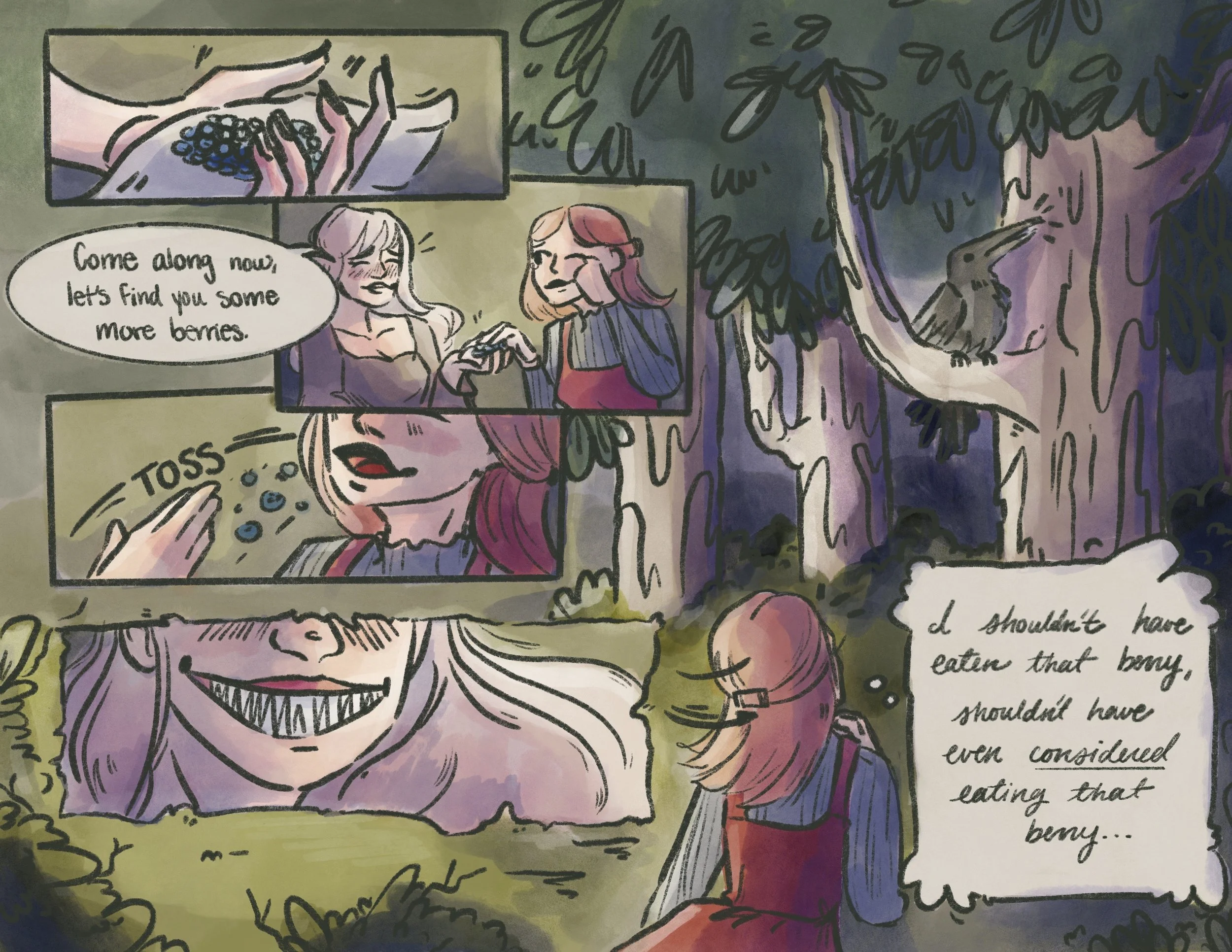 "Enchantment of Ravens Pt. 1" Page 1 of 2, illustrating one of my favorite sections from the novel, Enchantment of Ravens by Margaret Rogerson. 2022.