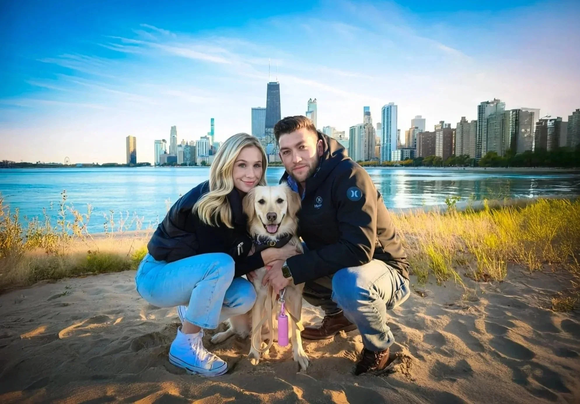 Love, a beautiful Chicago skyline, and a four-legged best friend! 🐾💍❤️ This newly engaged couple brought their adorable dog along for a romantic engagement photography session at North Avenue Beach in Chicago's Lincoln Park. With Lake Michigan, gol