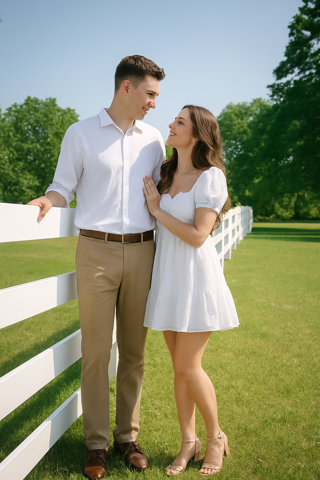 Romantic couples photography at St. James Farm Forest Preserve in Wheaton, Illinois. A young couple shares a sweet moment beside a white wooden fence, surrounded by lush green fields and beautiful countryside scenery. Captured by W. Biederman Photogr
