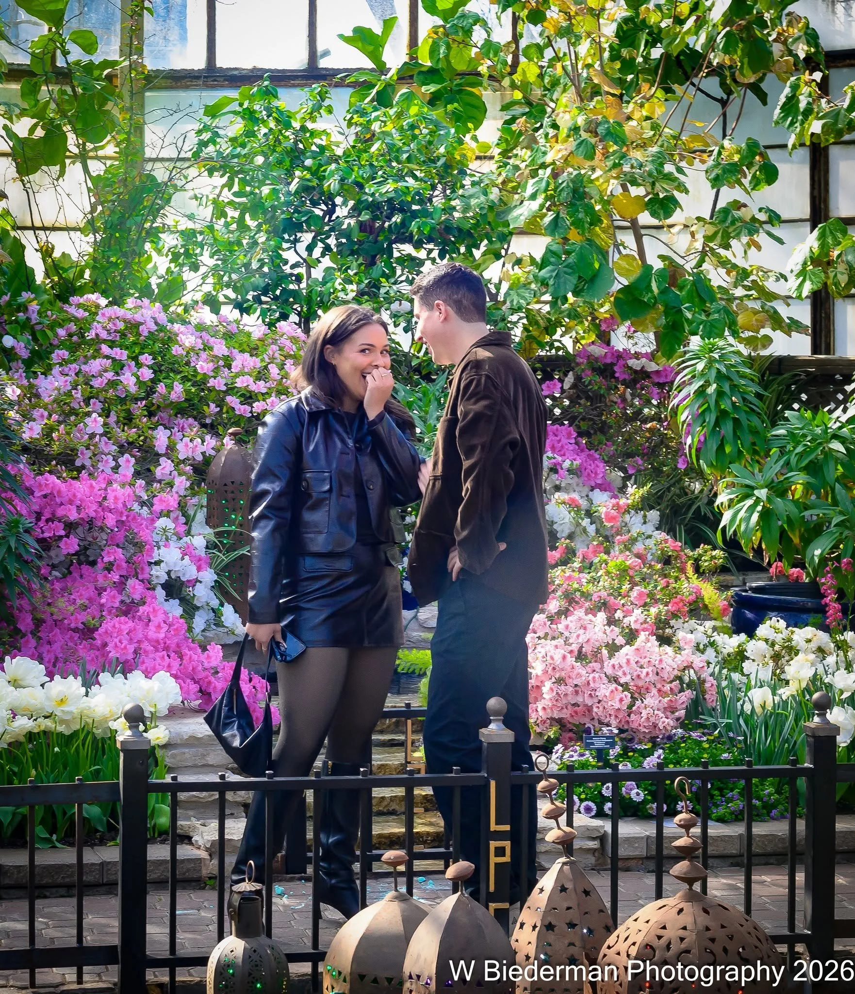 Some surprises leave you absolutely speechless! 💍❤️ Surrounded by vibrant flowers and lush tropical greenery at Chicago's beautiful Lincoln Park Conservatory, this newly engaged couple shares an unforgettable moment as the surprise of a marriage pro