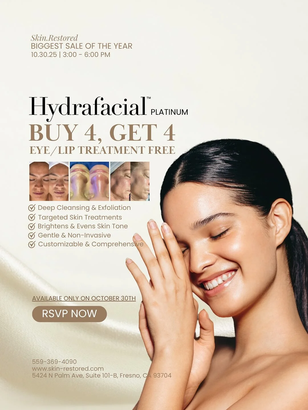 It’s all about radiant, refreshed, and hydrated skin! 
Whether you choose Hydrafacial Platinum or Hydrafacial Deluxe, your glow is guaranteed.
🌟 Hydrafacial Platinum
→ Buy 4, Get 4 Eye or Lip Treatments FREE!
For deep cleansing, hydrati