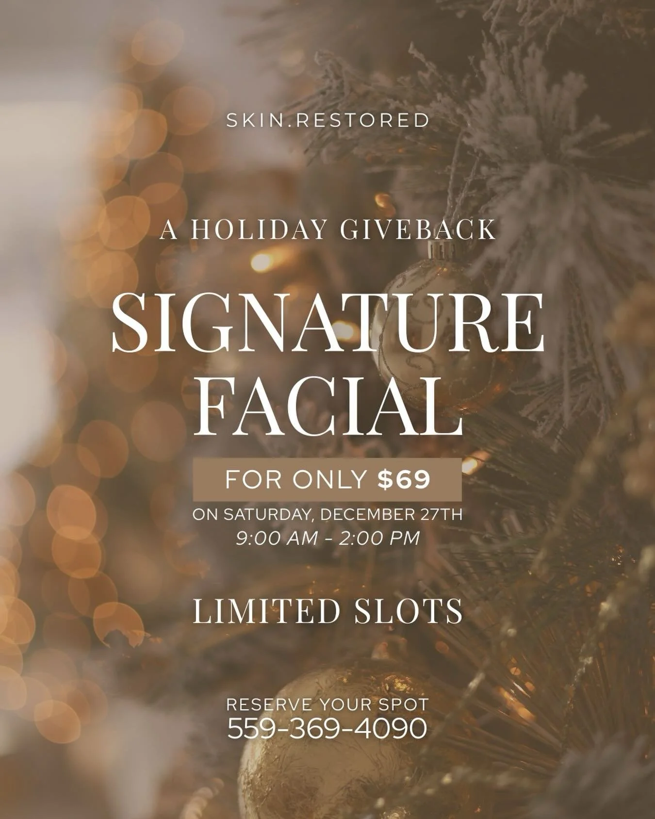 A Special Holiday Giveback from Us to You! 🎄

We want to spread some holiday cheer and show our appreciation for you! Treat yourself to a Signature Facial for just $69&mdash;because you deserve it! ✨

Join us this Saturday, December 27th, from 9:00 