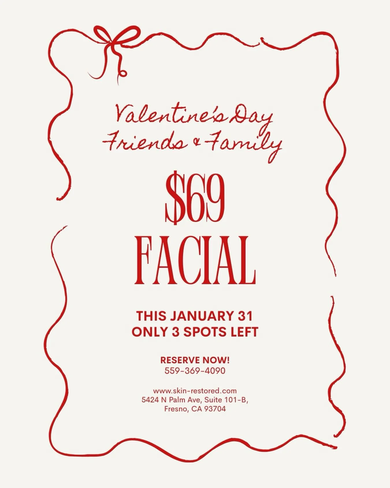 Valentine&rsquo;s Day is better when you glow together. 💗
Our Friends &amp; Family Facial is back for one day only.

This is your sign to treat yourself or come with someone you love.

📍 Skin Restored &ndash; Fresno, CA
📞 559-369-4090
🌐 www.skin-