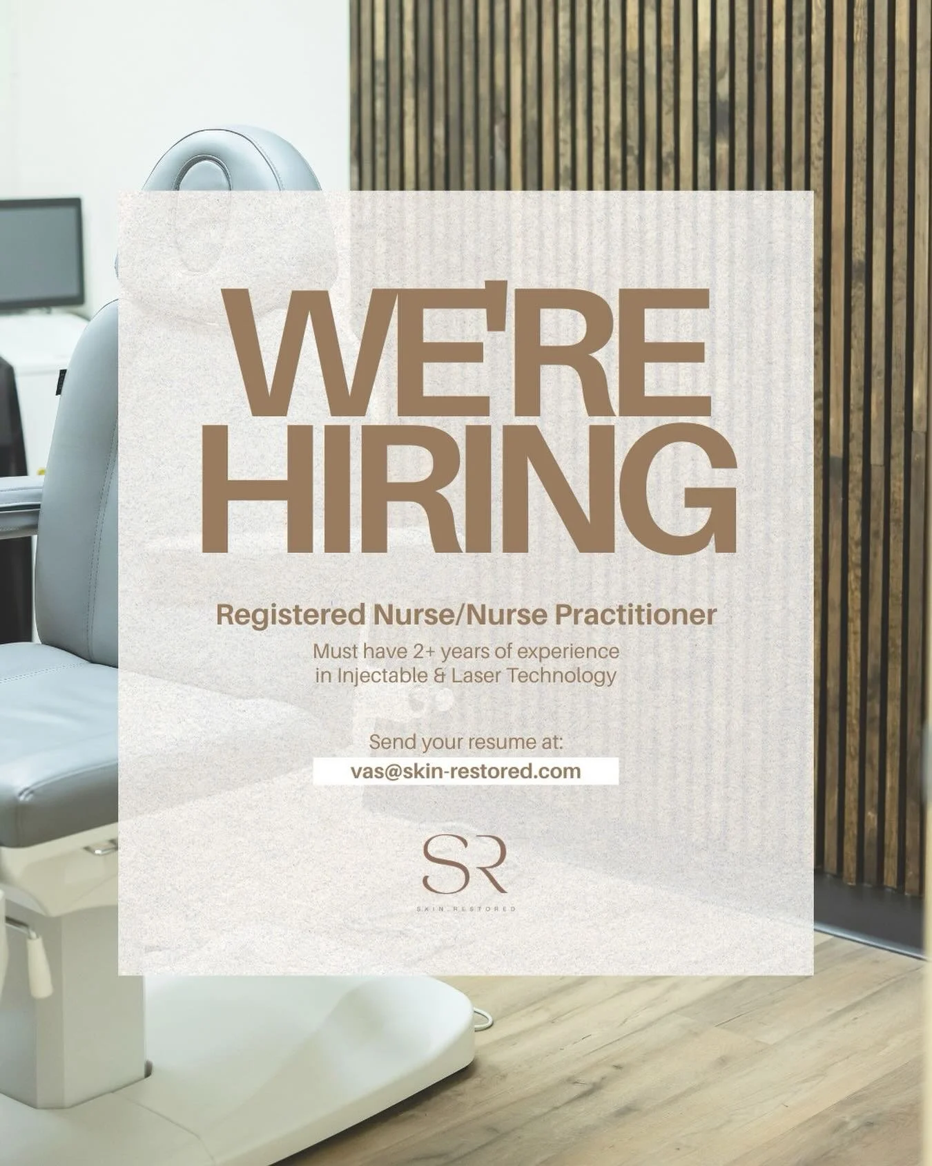 We&rsquo;re growing our team ✨
Skin Restored is looking for an experienced Registered Nurse / Nurse Practitioner with a passion for aesthetics.

If you have 2+ years of experience in injectables &amp; laser technology, we&rsquo;d love to hear from yo