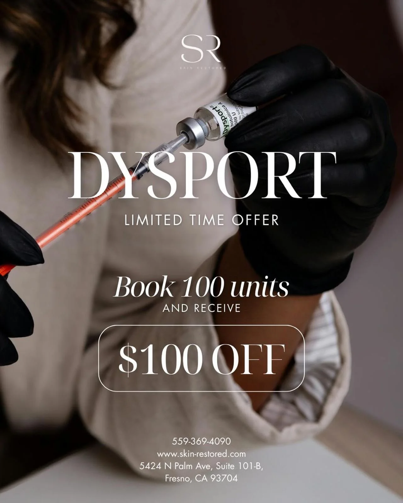 This is your sign to refresh and save. ✨

For a limited time, when you get 100 units of Dysport, you receive $100 OFF.

Smooth out fine lines, prevent deeper wrinkles, and maintain that effortless, confident glow, all while taking advantage of exclus
