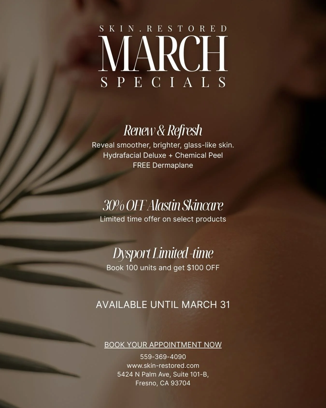 Winter dullness, uneven texture, and stubborn fine lines? This is your moment to reset.

Our March Specials are here:

✨ Renew &amp; Refresh Package
Deluxe Hydrafacial + Chemical Peel
FREE Dermaplane for that smooth, glass-like finish

✨ 30% OFF Alas