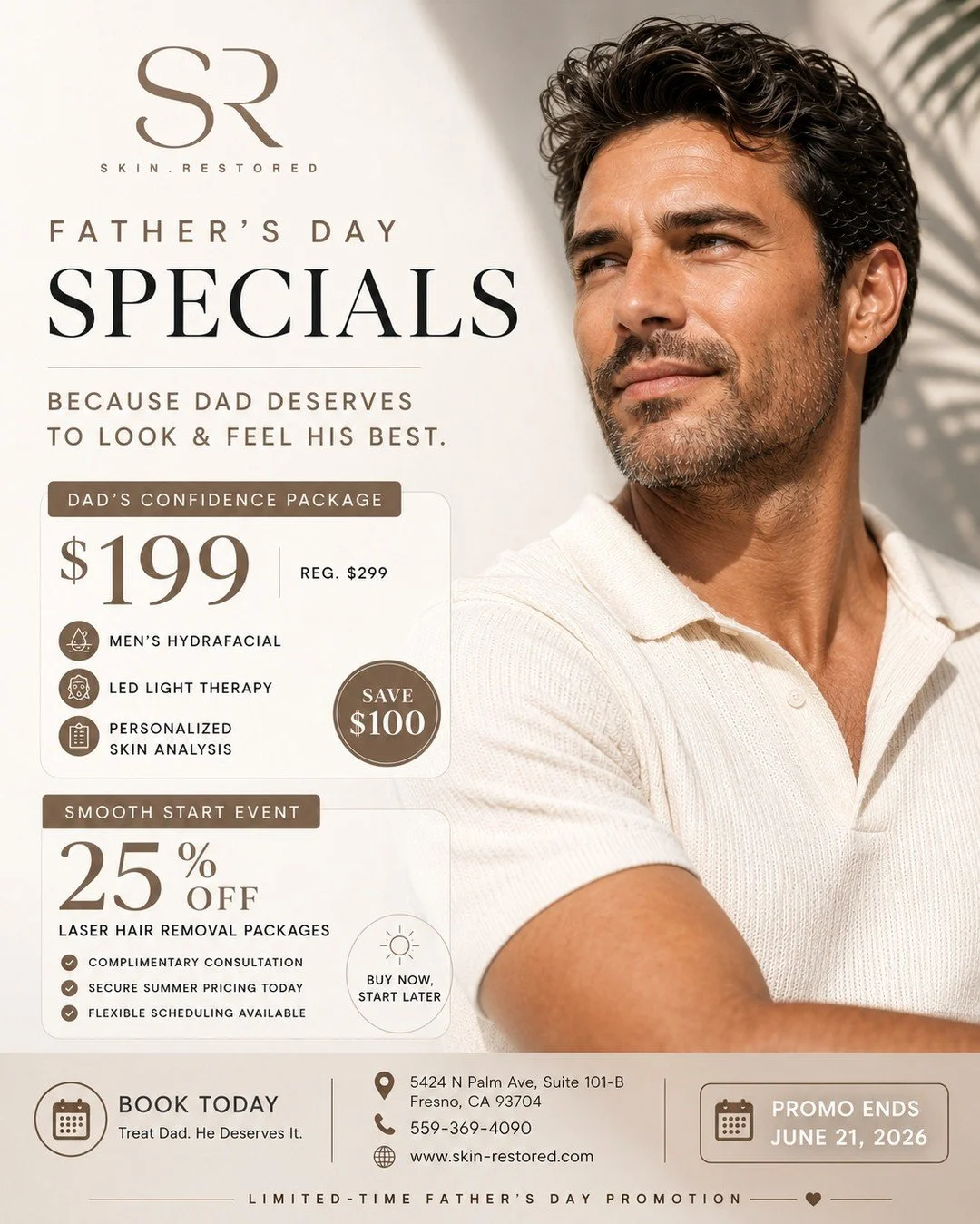 Dad spends all year taking care of everyone else. This Father's Day, it's his turn. 👔✨

Whether he's looking to refresh his skin or finally start laser hair removal, we've created two specials designed to help him look and feel his best.

Give Dad a