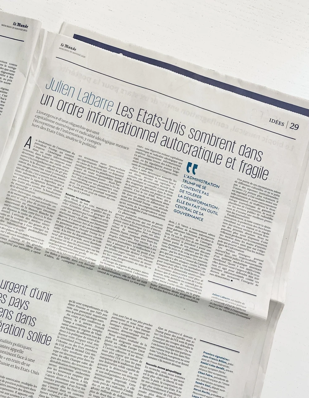 Julien Labarre's Le Monde op-ed on the United States and the information order