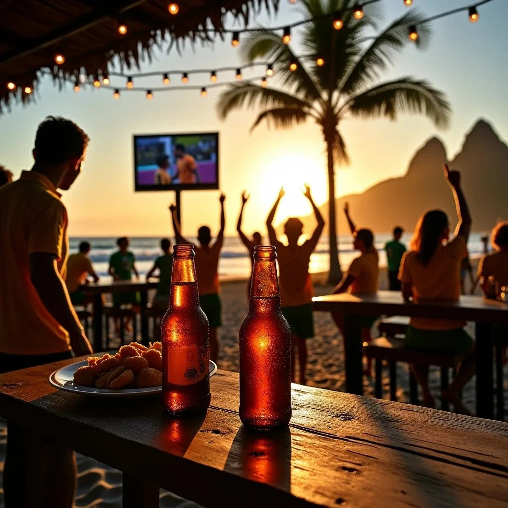 A lively neighborhood boteco filled with passionate fans in yellow jerseys cheering in front of a TV screen.