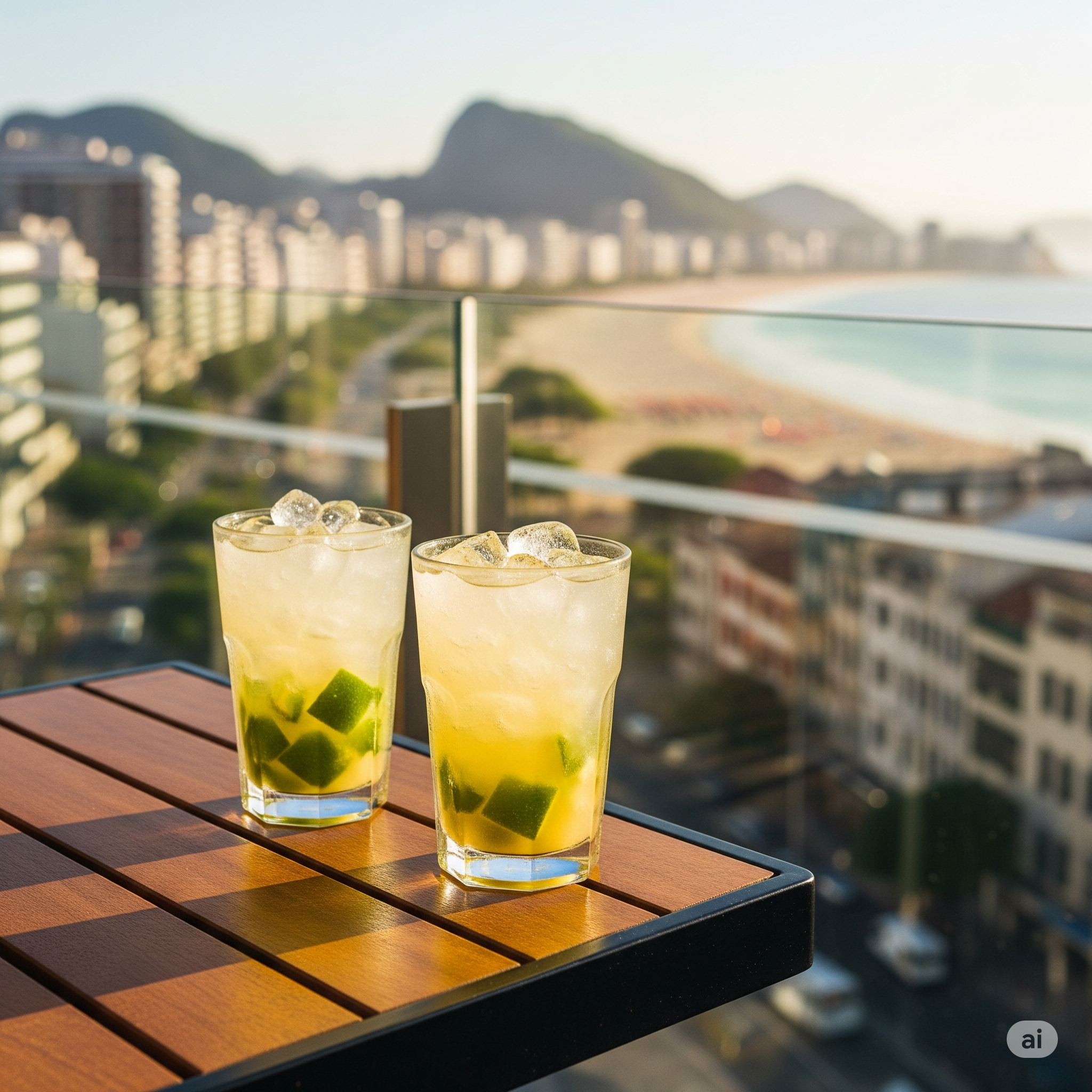 A vibrant, sun-drenched photo of two Caipirinhas on a stylish table on the OBO Casa balcony, with the Ipanema background slightly blurred.