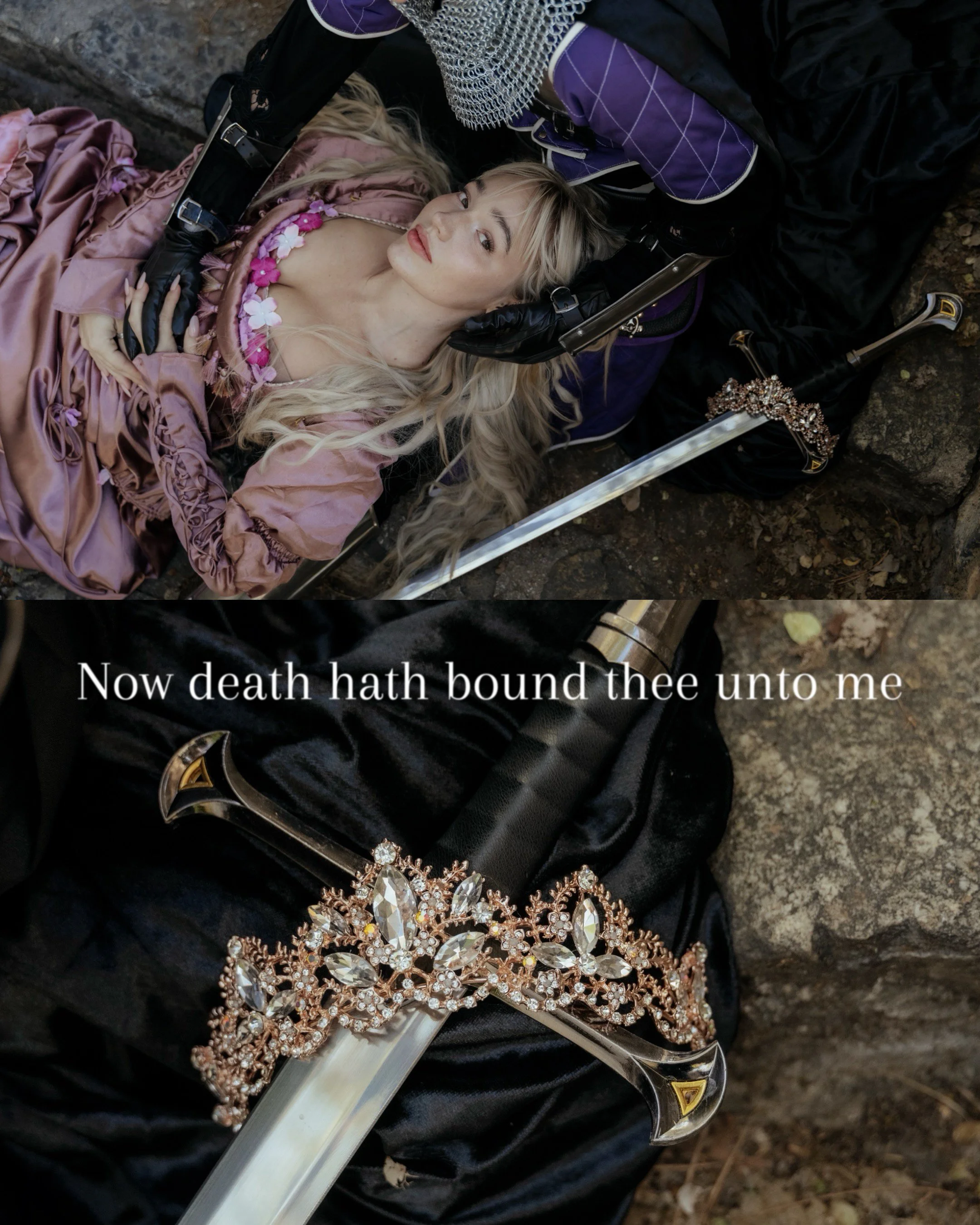A woman with long blonde hair dressed in a pink gown lies on the ground beside a person dressed as a knight wearing black gloves, holding her head and a sword with a jeweled tiara placed on the sword. The scene suggests a fairytale or fantasy theme, 