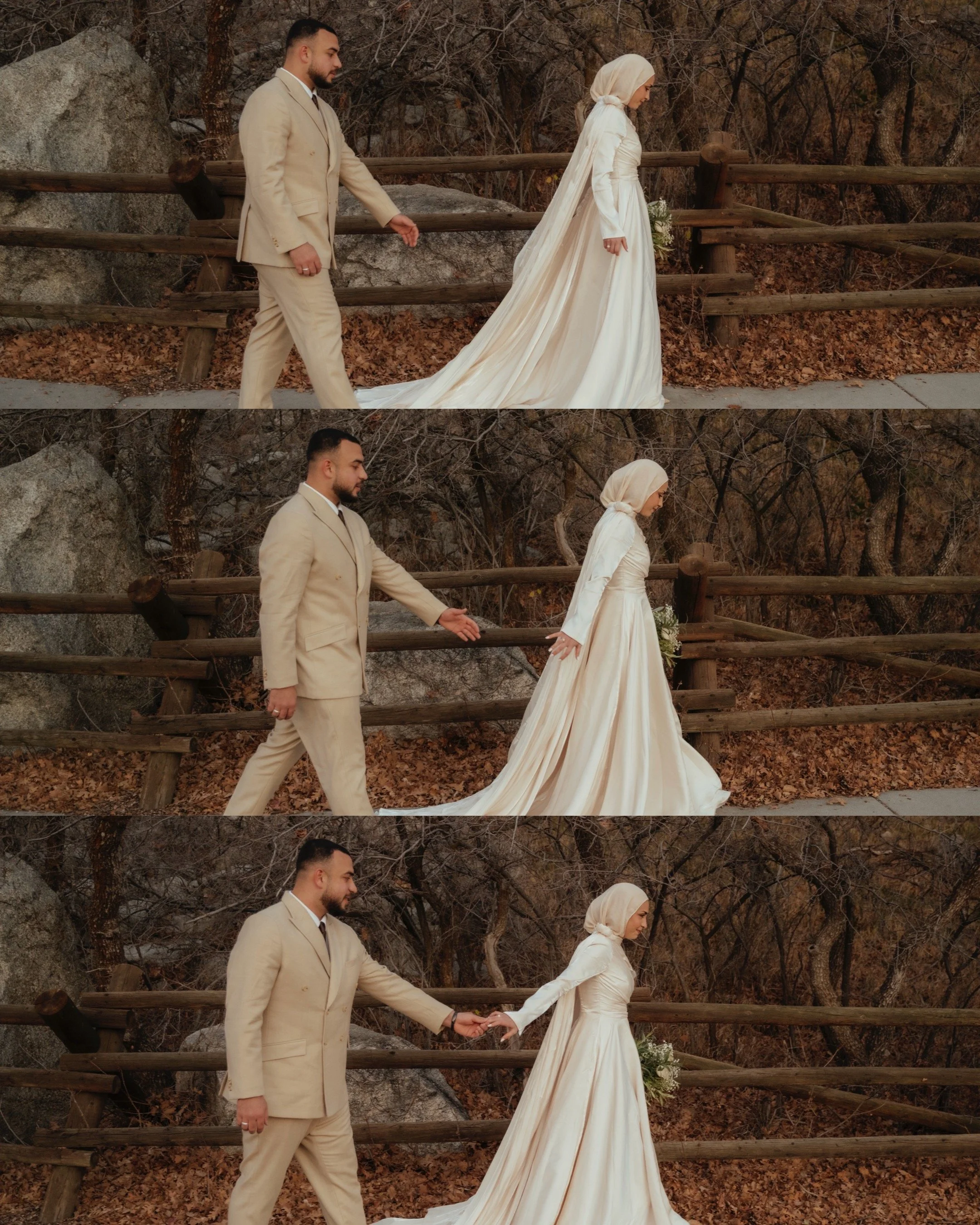 A wedding couple holding hands while walking outdoors in all three frames. The bride, wearing a white dress and hijab, is slightly ahead of the groom, dressed in a light beige suit. They are walking along a porch with a wooden railing, surrounded by 