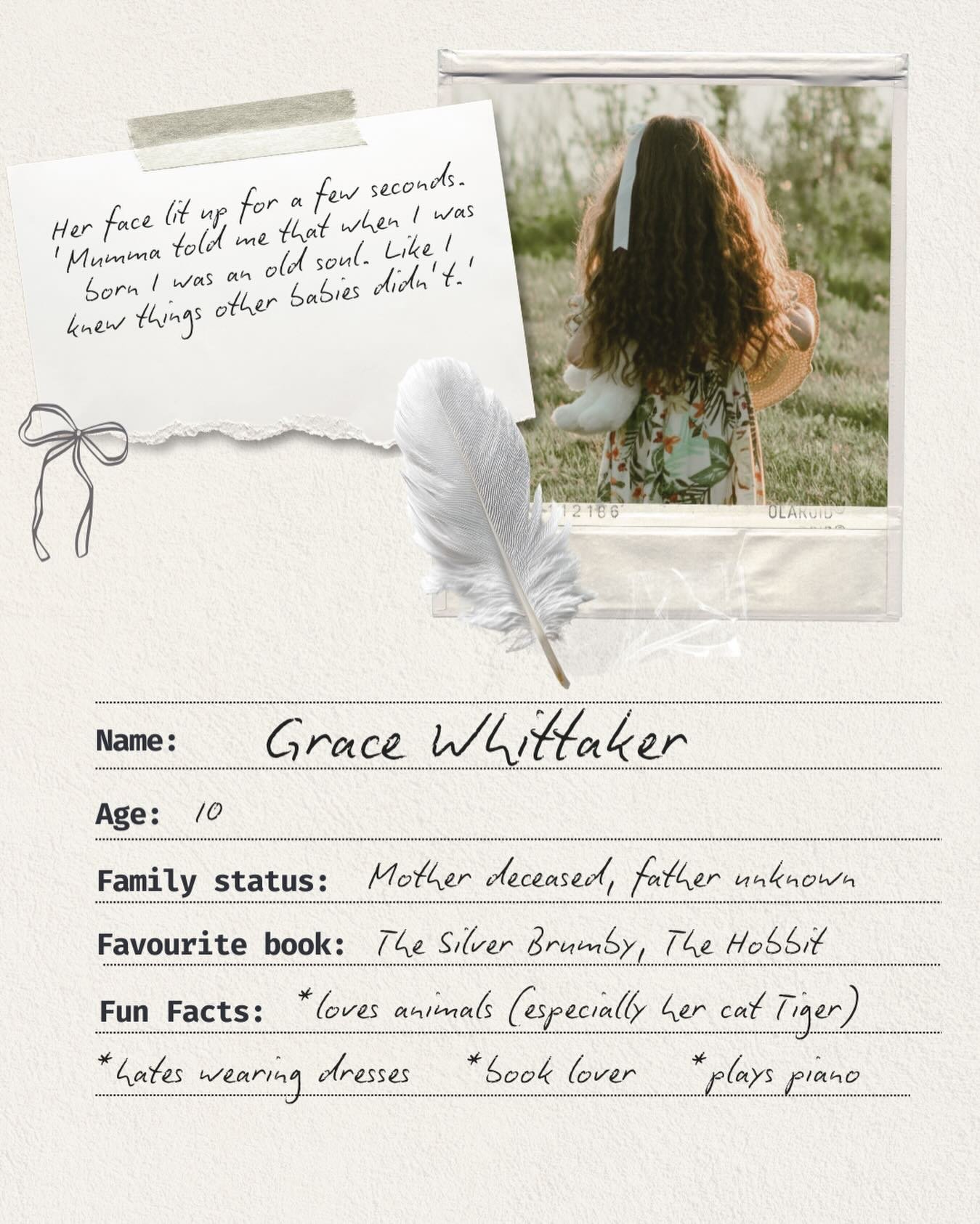 I love creating complex characters, and Grace Whittaker is one of my faves.

Orphaned when her single mother Skye dies in mysterious circumstances, mute, introverted, playful and clever. There was so much room for a strong character arc. 

Meet Grace