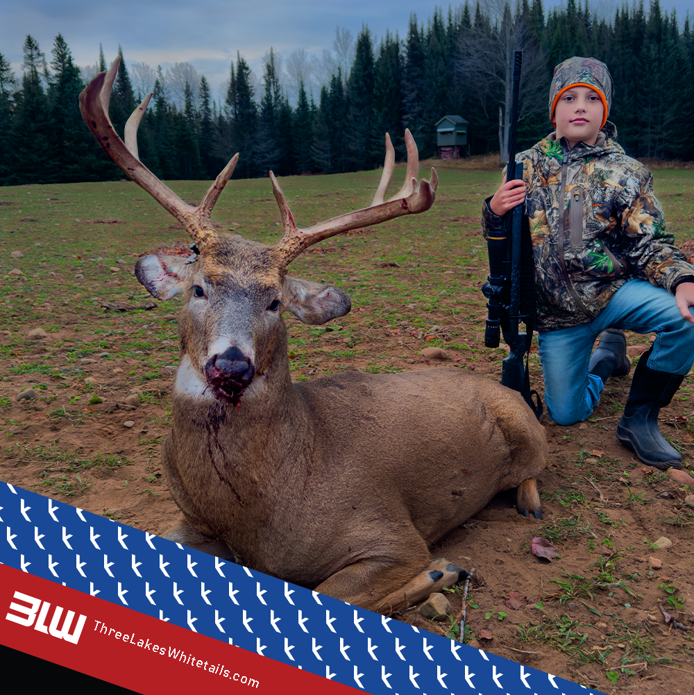 A young hunter at Three Lakes Whitetails using the Rack Jak Stand with a nice buck