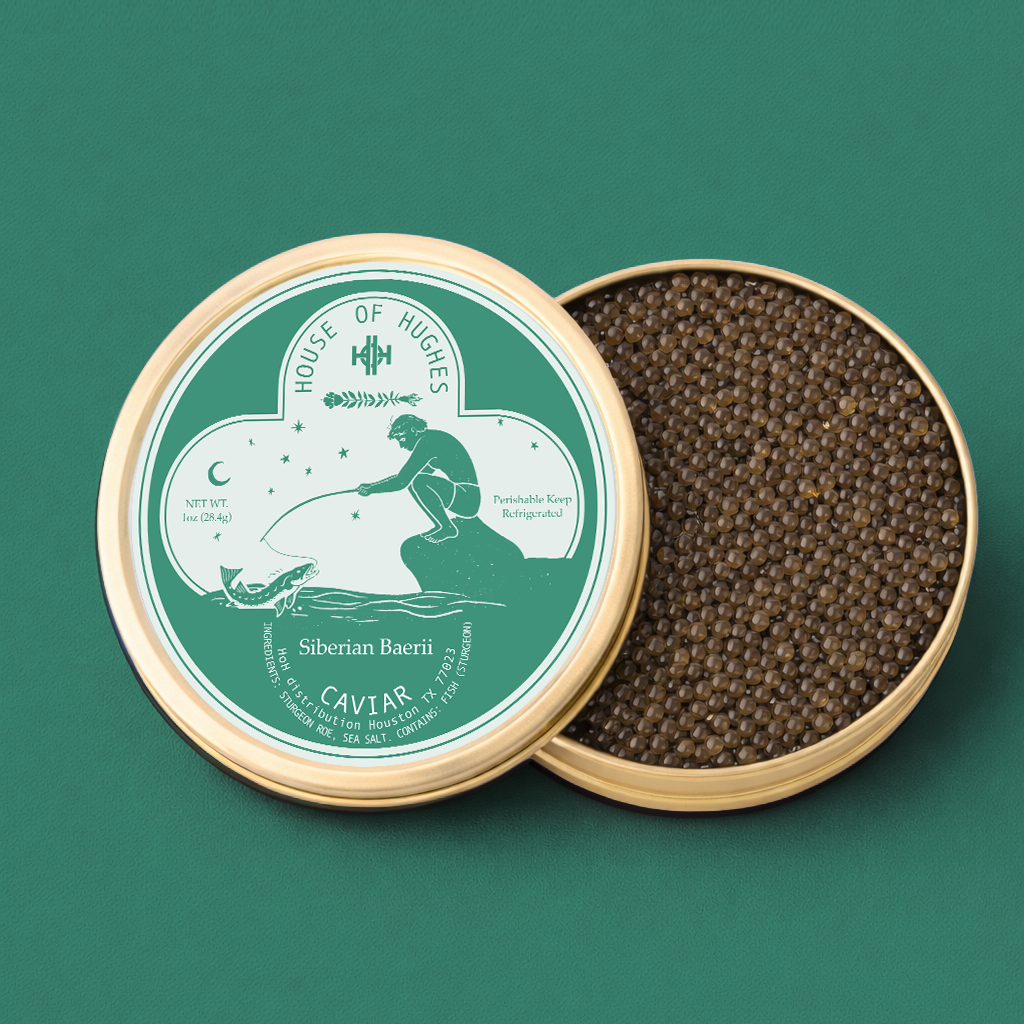 A round can of Siberian Baeri caviar with a green label, showing a fisherman catching a fish, resting on a rock at night, with stars and a crescent moon in the sky. The can is open, revealing black caviar inside, placed on a green surface.