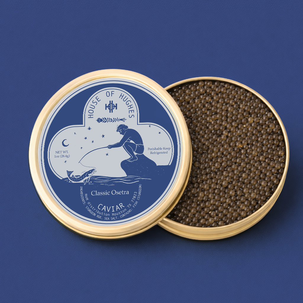 Round tin container of caviar with a blue and white design on the lid, featuring a person fishing for a fish in water, with labels indicating "House of Hughes" and "Classic Osetra".