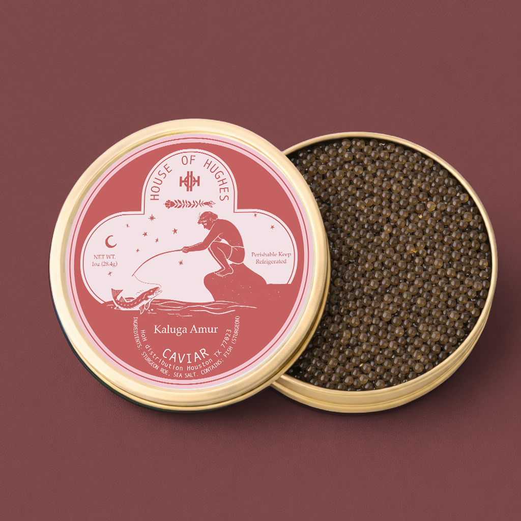 Open tin of Kaluga Amur caviar from House of Hughes with dark caviar pearls inside