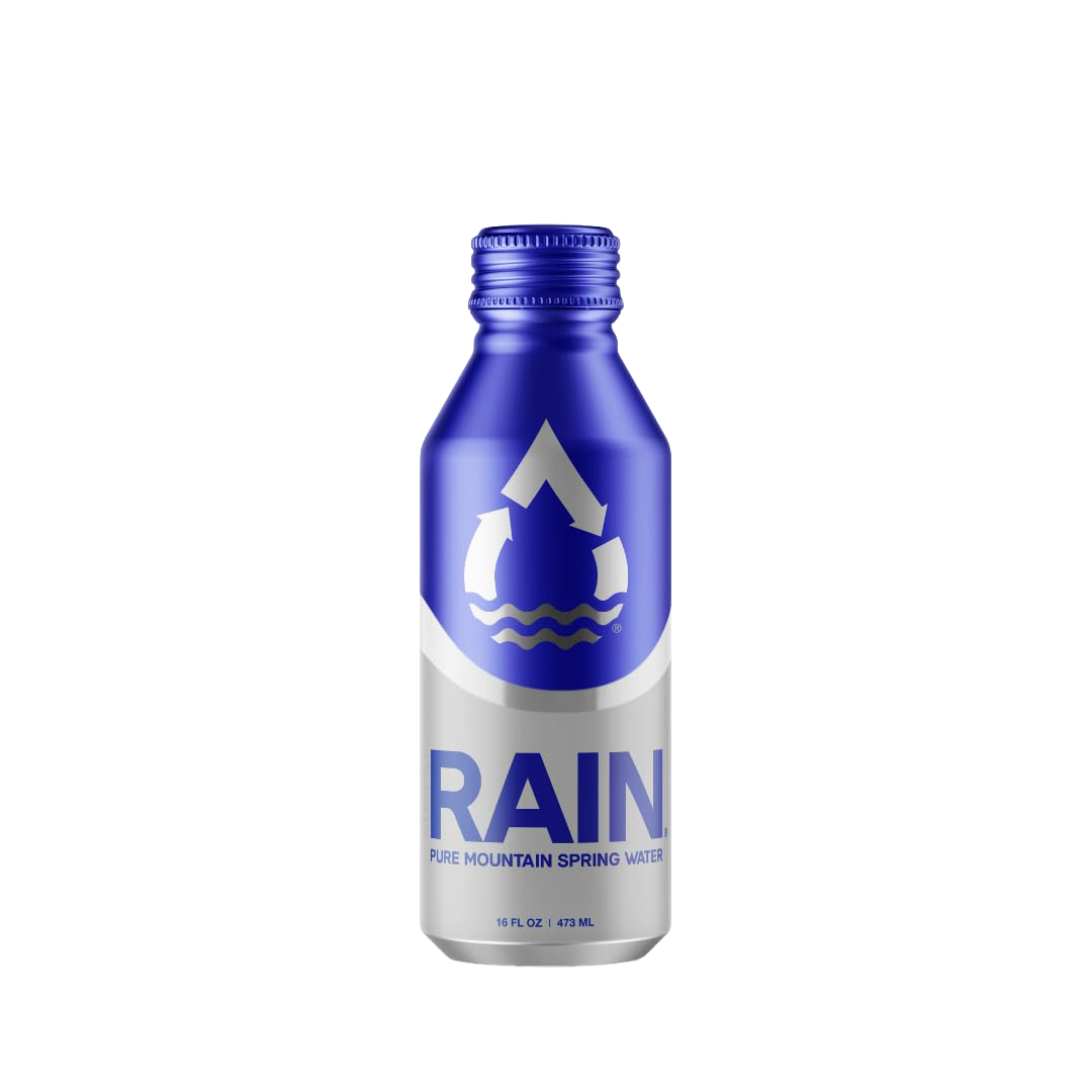 A small blue bottle of Rain mountain spring water with a blue cap and a white label, featuring a logo with arrows and water waves, and text indicating it contains 16 fluid ounces of pure mountain spring water.