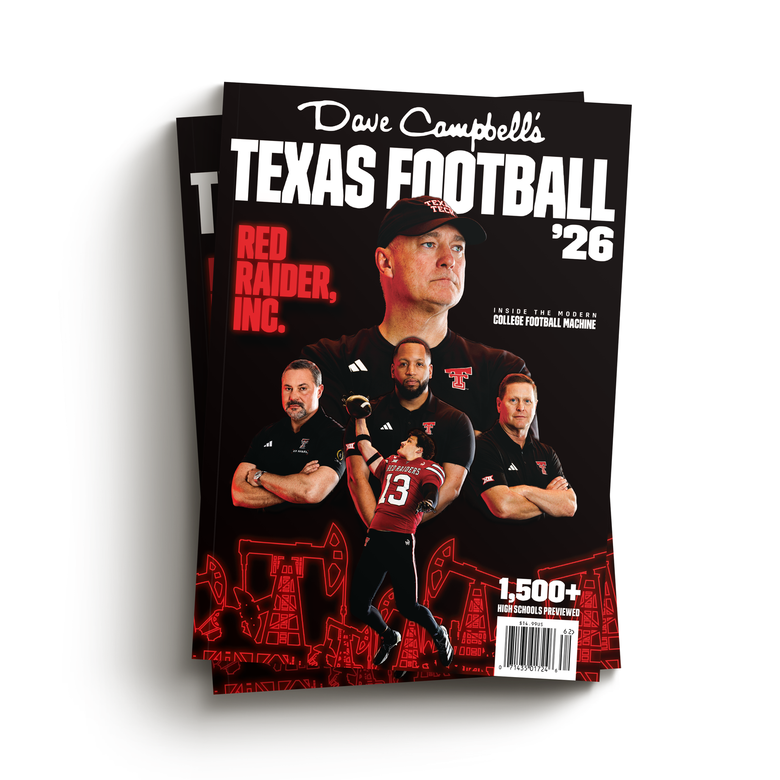 Magazine cover featuring a football coach and players, titled 'Dave Campbell's Texas Football 2026', with headlines about college football and high school previews.