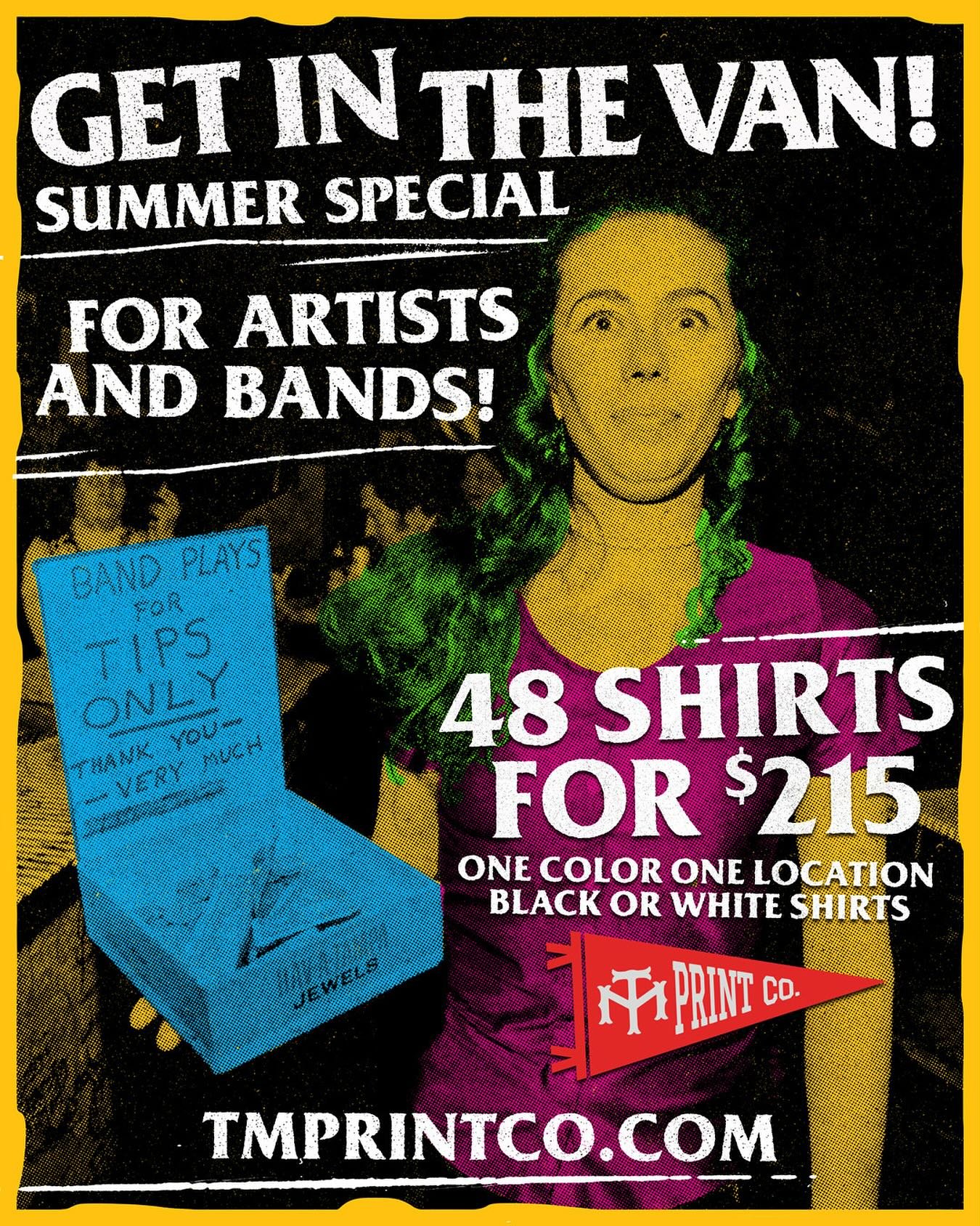 ATTN: Punks, freaks and weirdos.  Need some tees for tour?  Doing an art show?  Just want to show off your cool design?  Look no further!  One color  one location on 48 black or white tees for Two Hundred &amp; Fifteen! *no changes or additions  plea