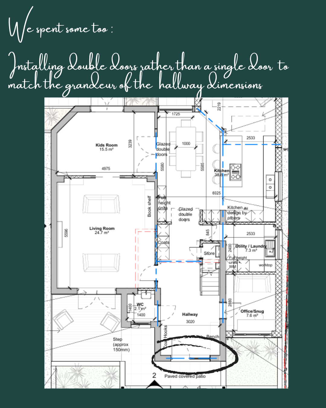 A floorplan of a family home that is going to have an extension. There is a circle around the front door to the house