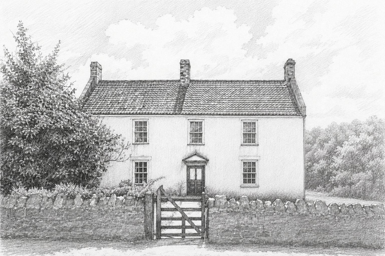 A black and white AI generated sketch of a double fronted farmhouse with 3 chimneys a stone wall and wooden gate. 
